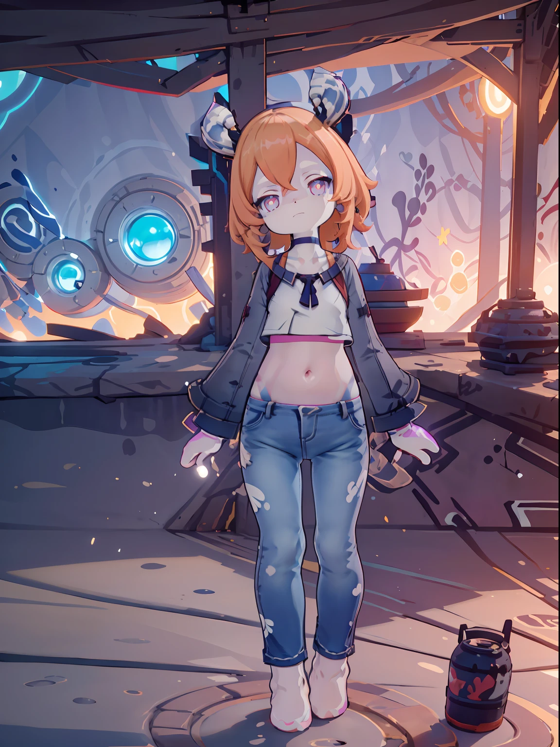 Melousine | genshin impact, master-piece, bestquality, 1girls,25 years old, proportional body, elongated legs, proportional., crop top, Long Jeans, mediuml breasts, ,bara, crop top, choker, (Graffiti:1.5), Splash with purple lightning pattern., arm behind back, against wall, View viewers from the front., Thigh strap, Head tilt, bored, 10, 10, HD,