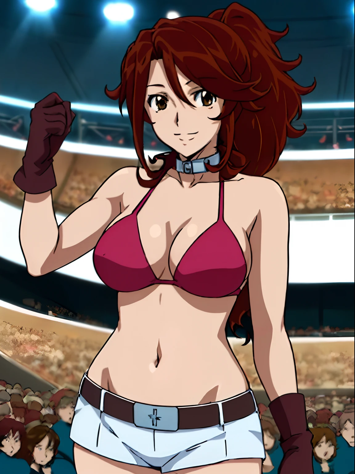 folded arms, epic art, nice body, , anime style: 1.8, anime drawing, ultra detailed face, ultra detailed body, , 4k, Sumergai Lee Noriega, (standing), best quality, anime style, hires, highest definition, digital blending, bold drawing lines, ((slim waist, female wrestler), (location: wrestling arena, crowds watching), ( (fit girl), athletic, (thick neck), little biceps, thighs, off-shoulders, (curvy: 6.8), lighting, spot lights, very shiny skin), ((string bikini, shorts, groin, , white gloves, collar, belt)), victorious, winner, , (very big round breasts, smile, open mouth), (big eyes, brown eyes), (laughing), (brown hair, (long ponytail), dynamic hair, curly hair, smile, hair, missy hair), 27 years old, (titling head)