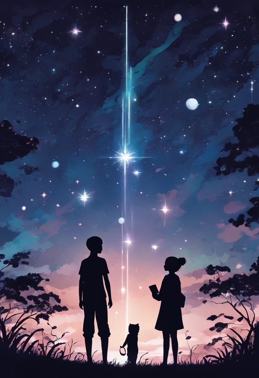 starrysky,The characters are small,The figure is shrouded in shadows,Pitch black night sky,Characters with their backs,looking at the stars,