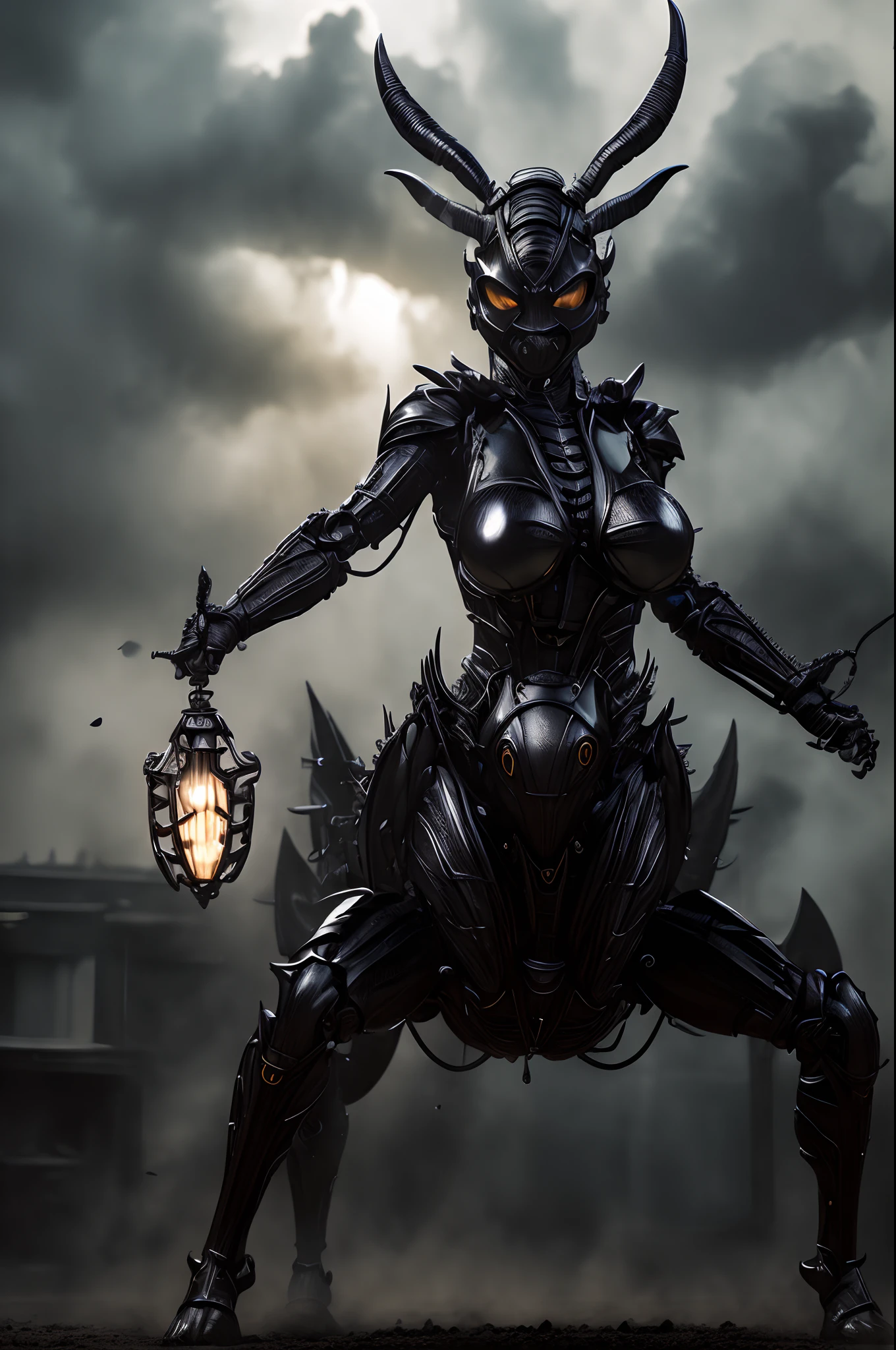 (photo realistic:1.4), (hyper realistic:1.4), (realistic:1.3), (smoother lighting:1.05), (increase cinematic lighting quality:0.9),Black Grasshopper Maskde Rider Black,(huge breasts),nipple standing up,Eyes glowing mechanically,mechanised modified human,claw,dynamic pose,((casting a magical aura)),cinematic