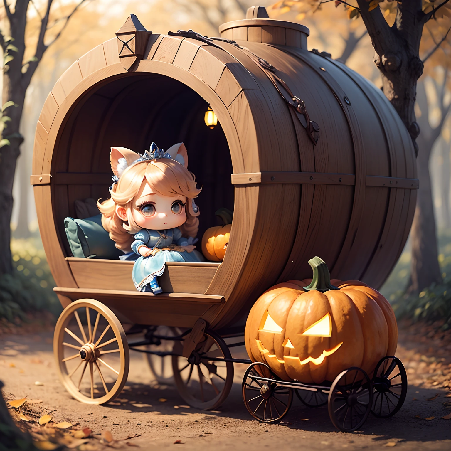 masterpiece、top-quality、ultra-detailliert、(Chibi Cinderella Princess:1.2)、独奏、Antique miscellaneous goods pulling a pumpkin-shaped carriage、Sit up、Fairytale Autumn Forest