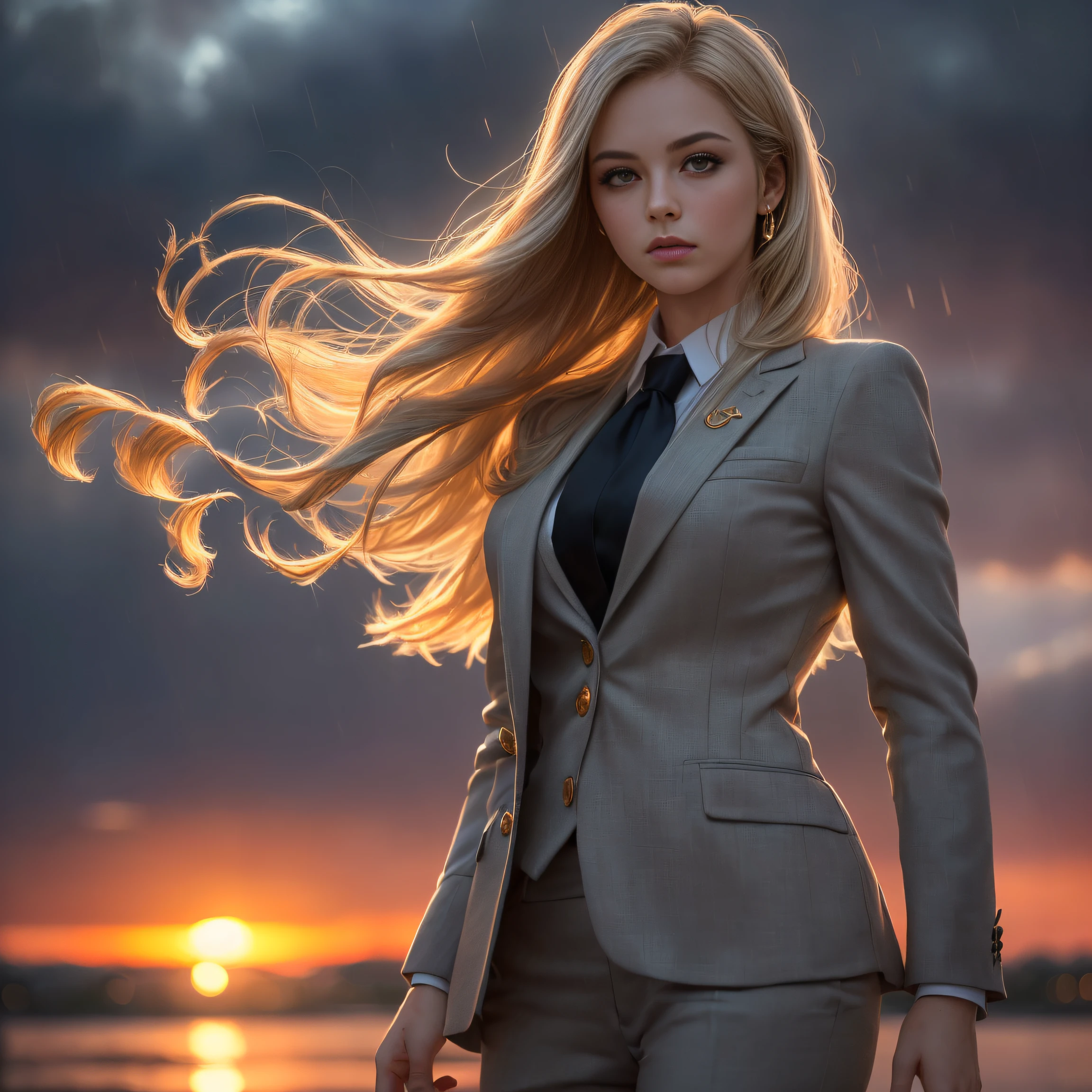 (masterpiece, highest quality, perfect details:1.4), solo, half body, (girl in suit:1.8, gray suit, beautiful face, long hair, gold hair:0.8, black tie, hair luminescence:1.7, (realistic hair:1.2), very intricate, (light diffusion:1.2), (dynamic posing:1.2), (light bokeh, sunset:0.9, soft smoke, rainy:1.2)
