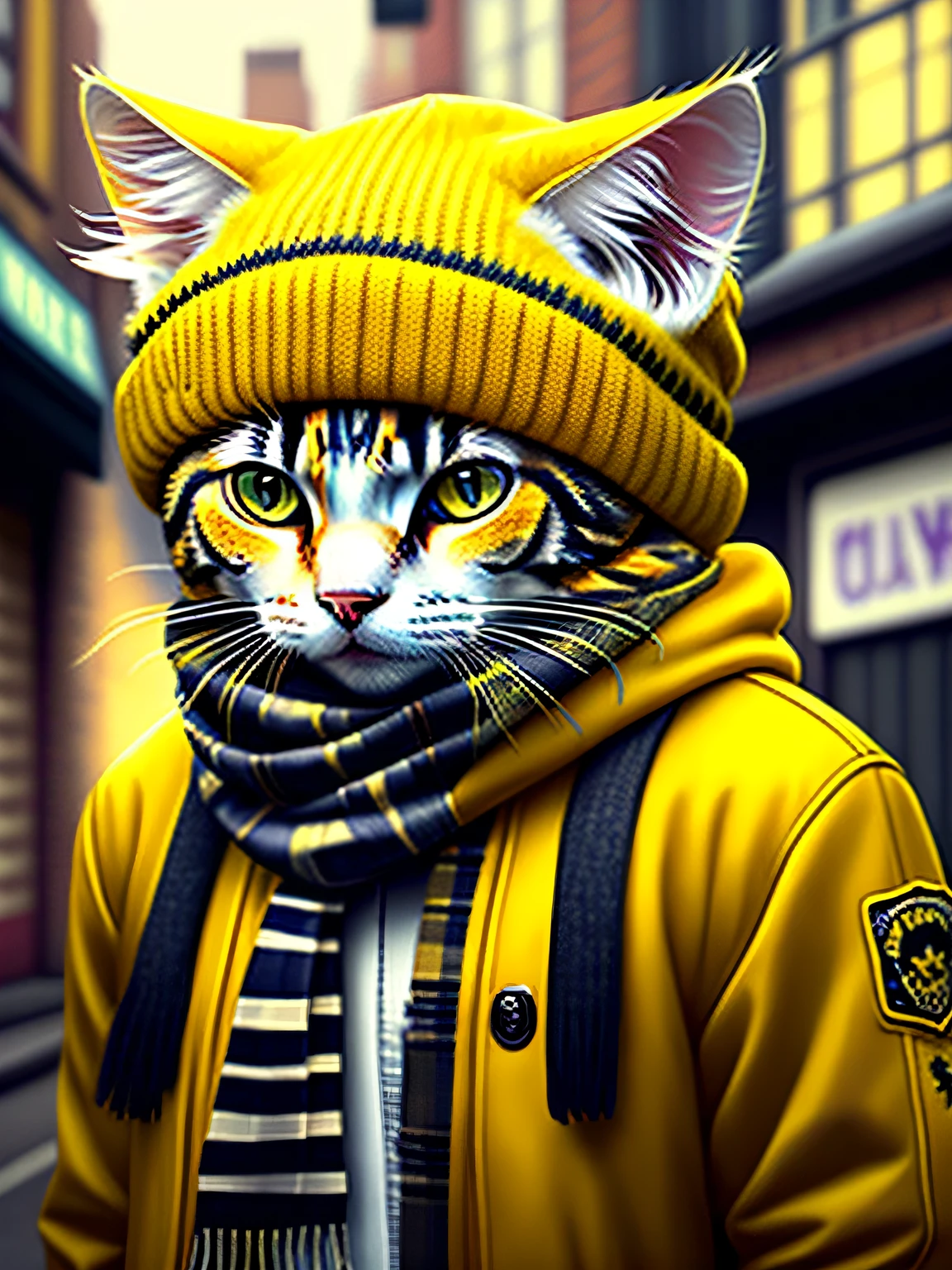 picture of a pale yellow cat in a hat and scarf, Art Station trend, dressed in punk clothing, hyper realistic detailed rendering, british gang member, Urban style, intimidating pose, planet of cats, fashionable attire, Urban Samurai, Meow, West Slavic features, 8 1 5