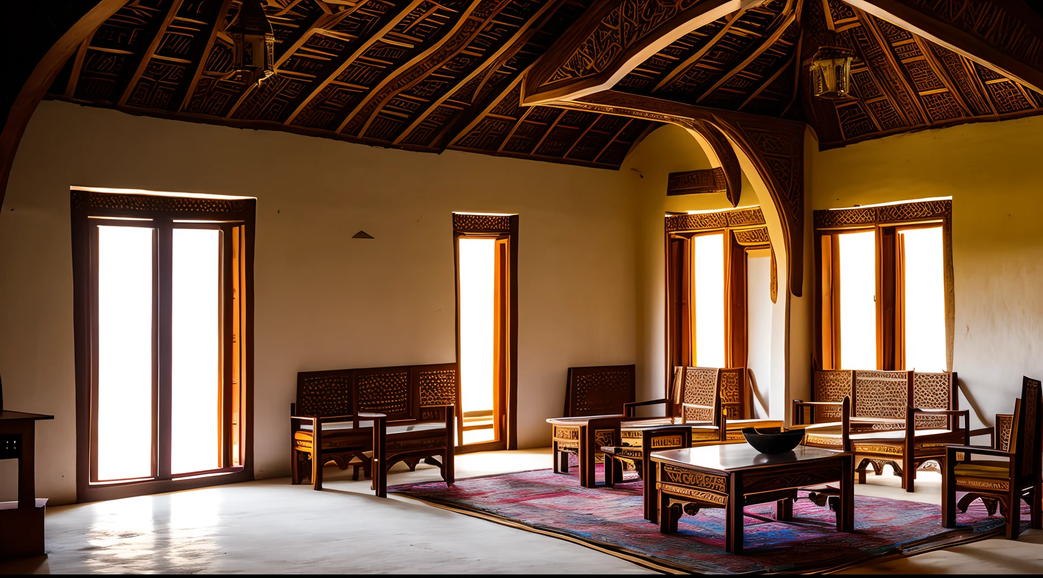 Interior view of East Africa Palace, Muslim architecture, Kilwa, Mombasa, Malindi, Sultanate, 15th century, medieval, East Africa element, mixture of East Africa style and muslim style and Kilwa style furniture, Muslim style throne, no people, no word, no wordings, no signature