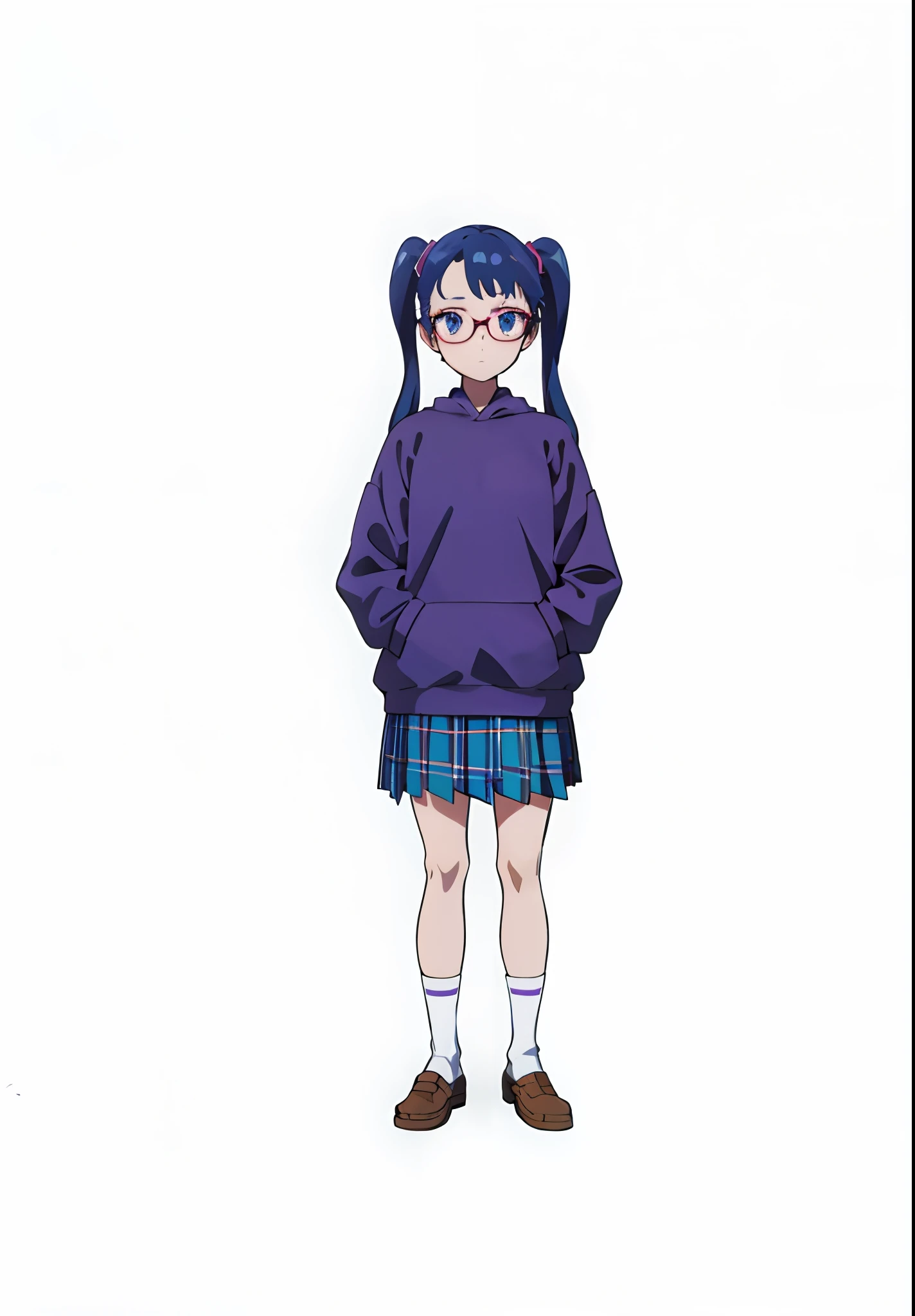 1girl with purple hoodies and blue skirt, brown shoes, twin tail, blue hair, blue eyes, purple glasses, stand, high resolution, high detailed, high quality, best quality, anime style, 2 d, anime render,