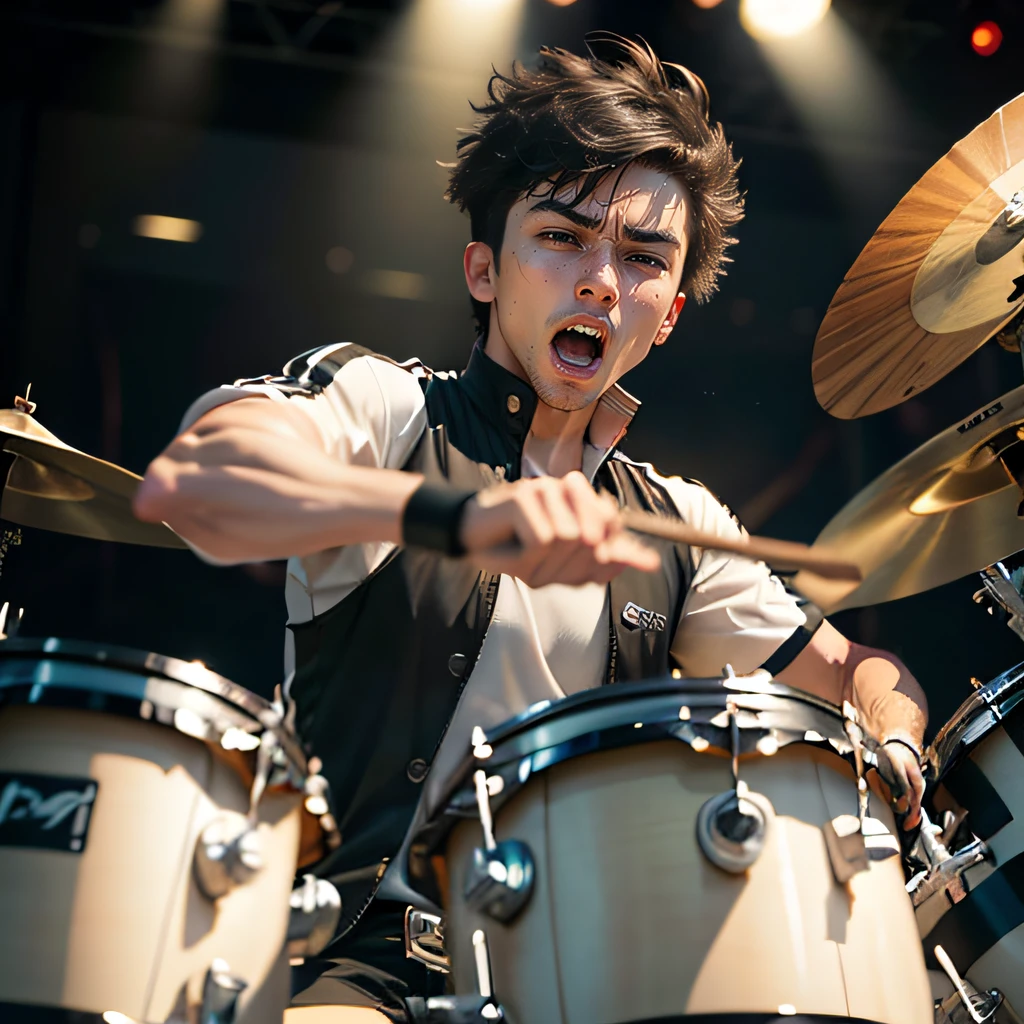 Male drummer,
Drumsticks in hand,
Focused expression,
Drum kit or drum set,
Drumhead being struck,
Rhythmic beats,
Dynamic posture,
Energetic performance,
Drum cymbals shimmering,
Passion and intensity. --auto