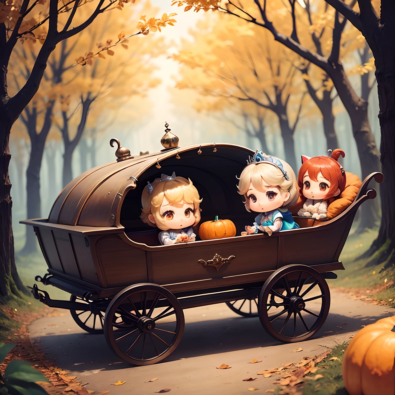masterpiece、top-quality、ultra-detailliert、(Chibi Cinderella Princess:1.2)、独奏、Pumpkin-shaped carriage、Antique accessories pulled by horses、Sit up、Fairytale autumn forest