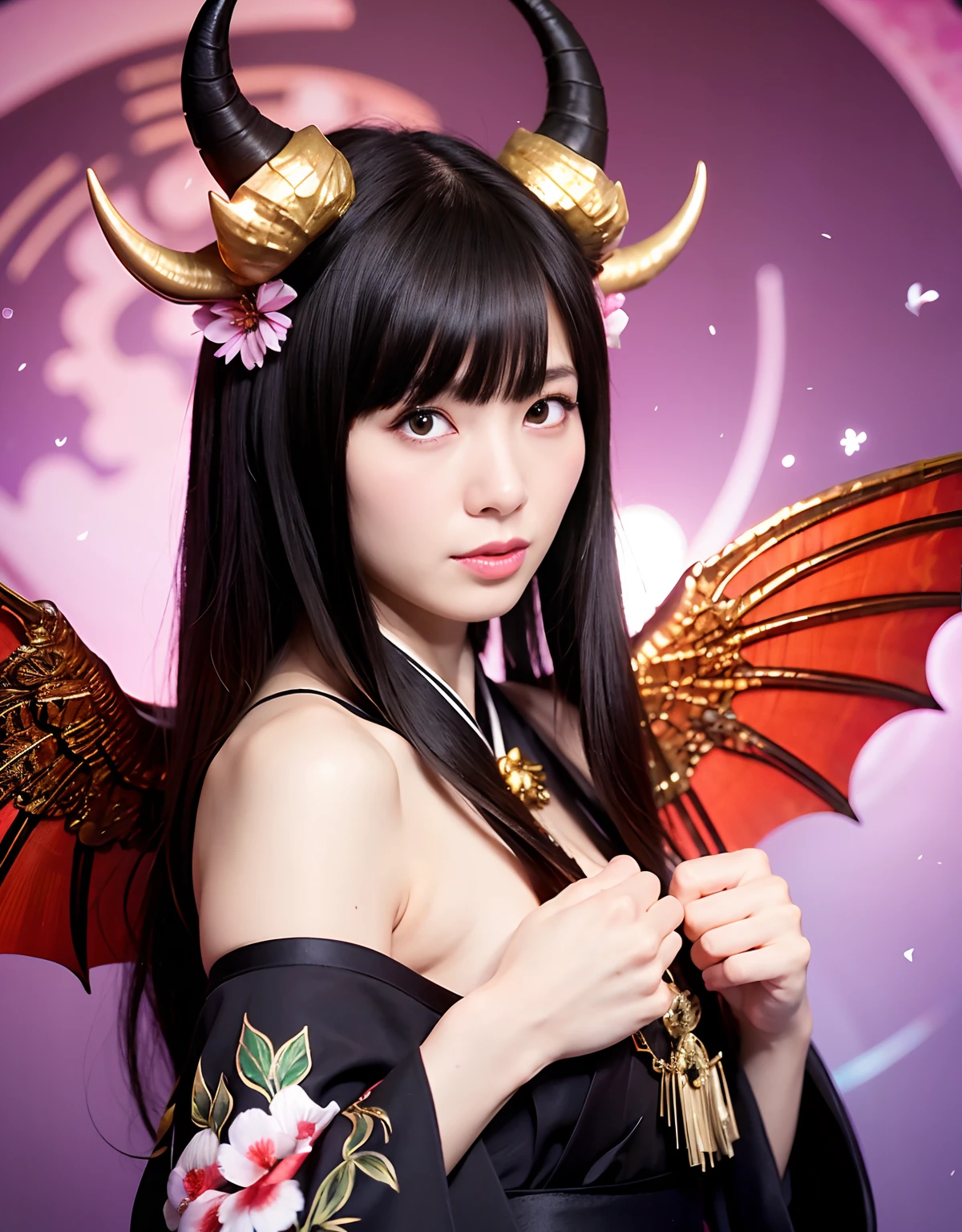 ((White ghost flies)),Professional , masterpiece、top-quality、photos realistic , depth of fields 、(Various poses)、(Background of cherry blossoms in full bloom),(Ultimate Beauty)、(A dark-haired)、(Fight ninjas)、Mystical expression、(Kimono with scary pattern)、(Night background)、Precipitous cliffs、((Devil's Wings Grow)),(Wear a kimono with a floral pattern),Armpit、(Wearing a colorful and beautiful kimono)、Jewel Gold Weapon、Particles of light),(Has a devil's mask)、Gorgeous gold weapons ,Skeleton population、(( Gorgeous Dragon Sword)) , (a dark night),,(White ghost flies) 、((Black Haired Beautiful Girl))、(Castle background)、(demonic wings)、((Gangle's forest background))、Beautiful Caucasian beauty、1a person、dynamic ungle,(((Two devil's horns on the head)))、Smaller head、Idle Smile、Thin and beautiful female hands、Mystical expression、Light Effects、intense fighting、Wind-effect、magic circles、With the legendary magic wand、Dragon's tail、