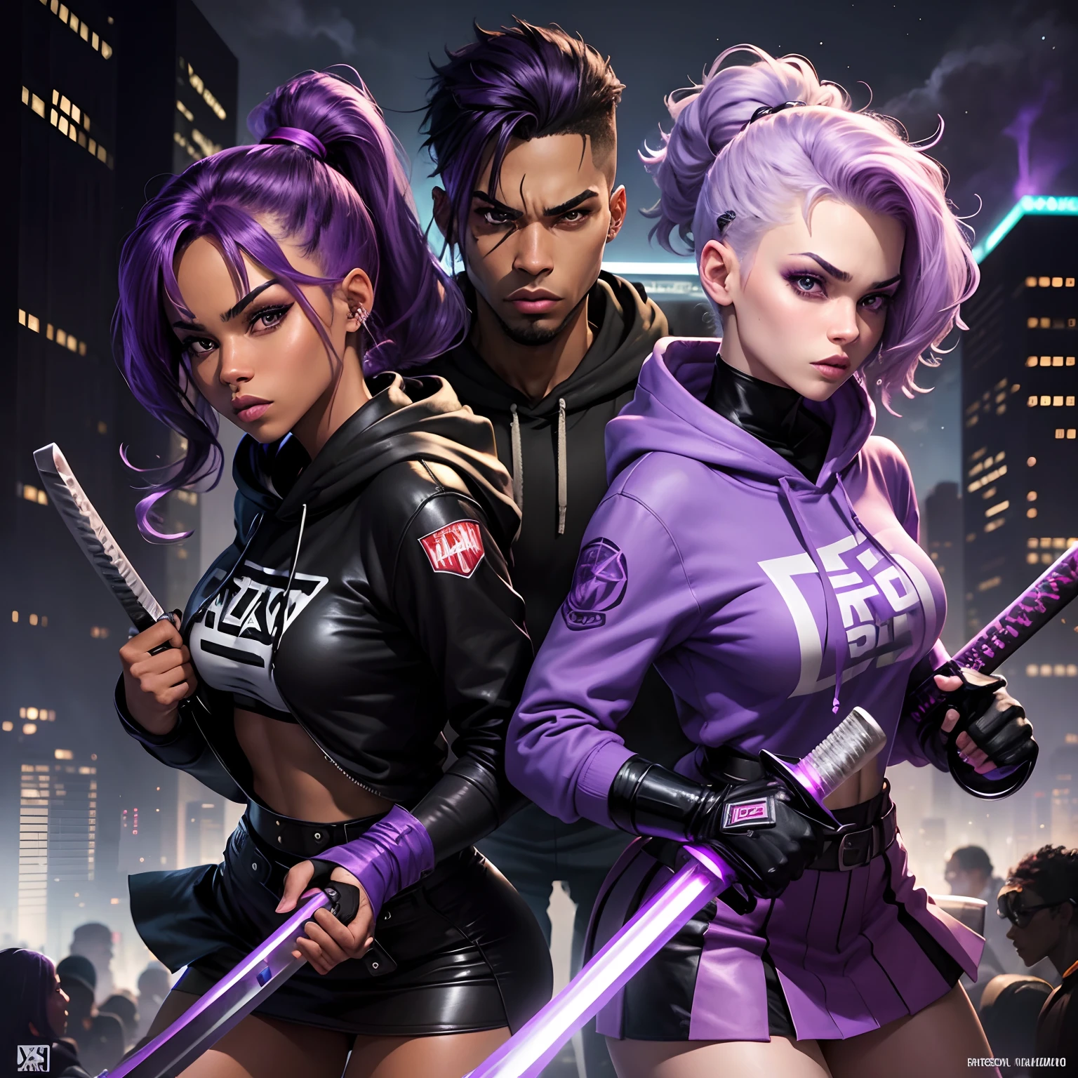 graphic novel style, ready to fight villains, houston texas, night time, purple smoke, two beautiful crime fighting models, one caucasian with light purple hair, one mixed African American with dark hair, 23 years old, wearing hoodies, skirts, pony tails, staff, katana, surrounded by enemies