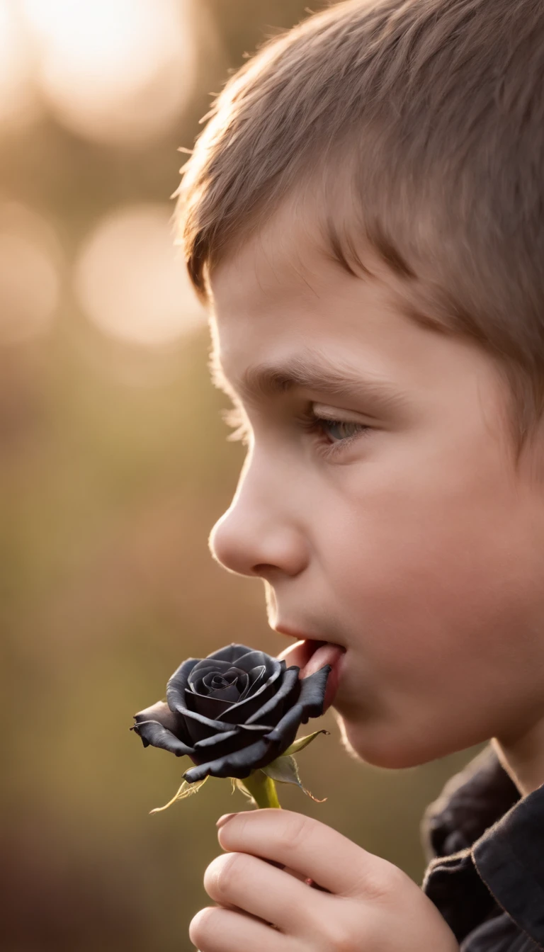 A boy biting a black rose