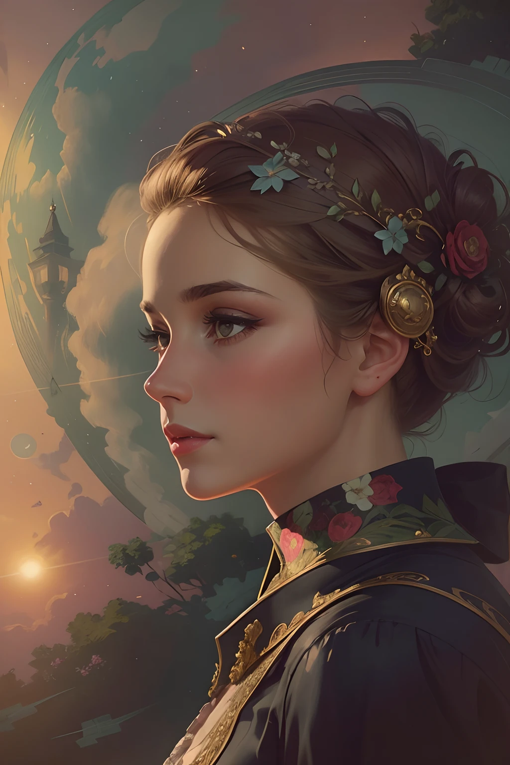 Transport yourself to a bygone era with this exquisite prompt. Imagine a beautiful lady, elegantly posed in a garden, wearing a large floral hat that adds a touch of whimsy to the scene. The fine art painting captures every detail of her attire and surroundings, bringing the 1900s to life in vivid color and style.