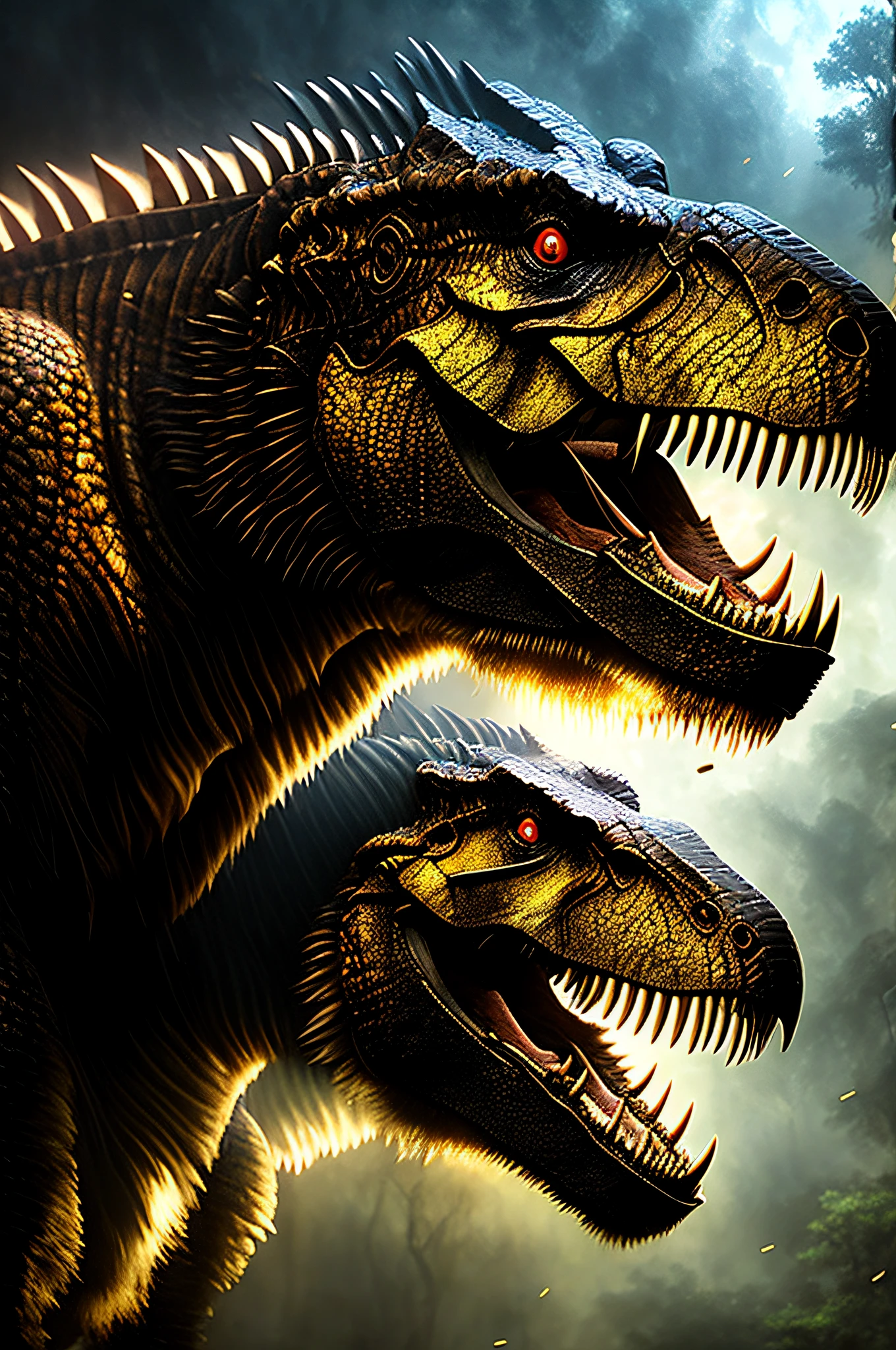 Close-up of Tyrannosaurus rex remarkable oil painting by Rembrandt, Floresta velha assombrada, nevoento, nebuloso, Nublado, estranho, Misterioso, magica, dramatic lighting, Chiaroscuro, Obra-prima de fantasia, realismo, hiper-realismoo, detalhes intrincados, HDR, Ultra high resolution,