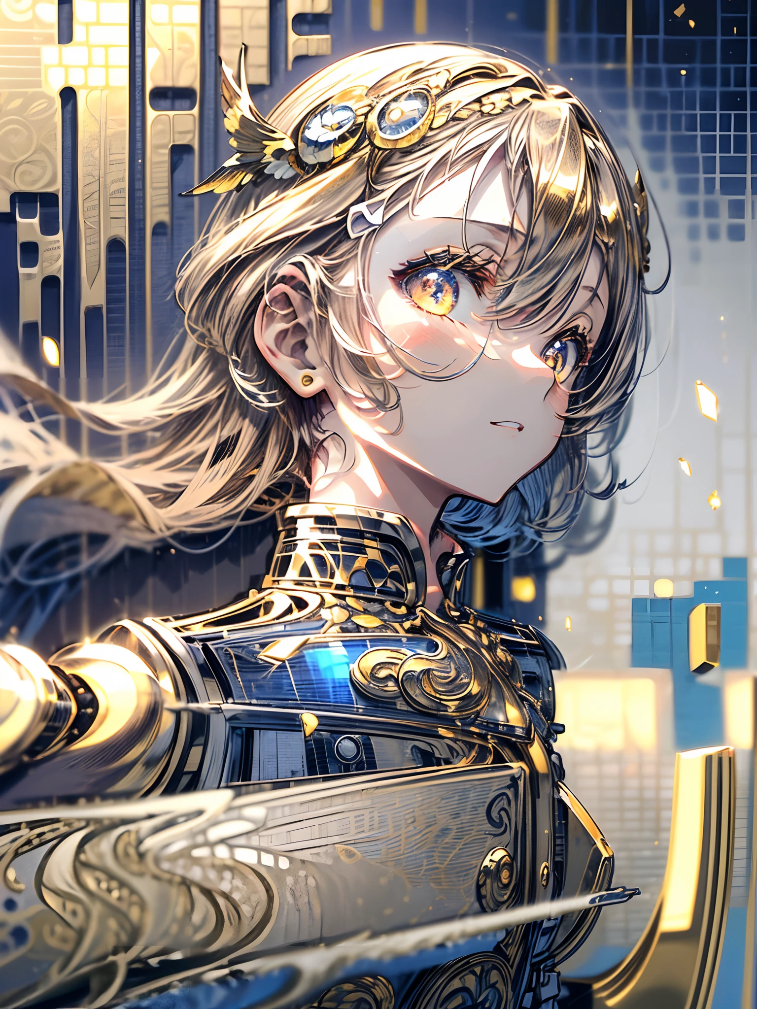 (masutepiece:1.5, Intricate details:1.3), (Best Quality, Ultra-detailed:1.3), (big golden wings), ((masutepiece)), ((Best Quality)), (Ultra-detailed), ((Extremely detailed)), 4K, ((8K)), ((Best Quality)), (Beautiful), (Illustration), Painting, Dynamic Angle, look down from above, (Beautiful sky), evening, Golden Sun Shower, She shines, Cute little girl s, 1girl in, (((Golden breastplate))), (flat chest), Cute, solo0, ((beautiful gold hair)), beautiful gold eyes, ((Beautiful eyes)), White-skinned, Long hair, lightsmile, (Wind-effect), shiny, (Flying),Bakemonogatari, Upper body,