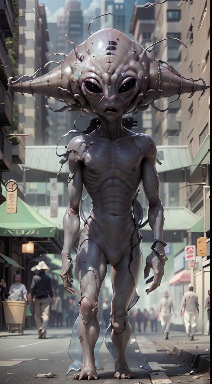(cowboy lens),(Translucent empty alien monster: 1.5),(semi-transparent: 1.9),Another dimension, creator of the universe,Walking on empty streets,Magic strong ancient surrounding,8K分辨率, intricate details, depth of field, ruined modern city