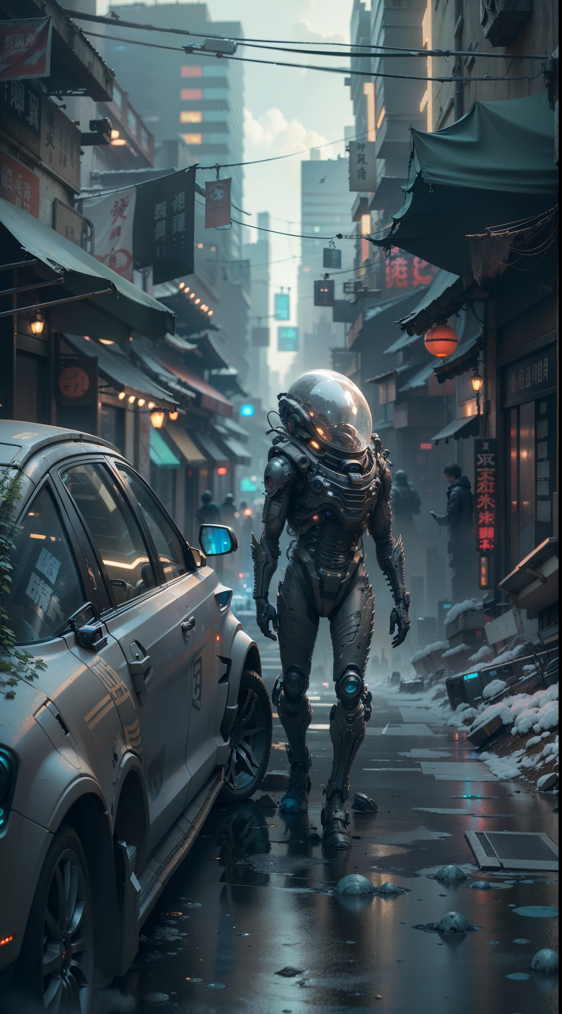 A technologically advanced and highly detailed alien in a post-apocalyptic cityscape. Another dimension, creator of the universe,Walking on empty streets,Magic strong ancient surrounding,8K分辨率, intricate details, depth of field, ruined modern city