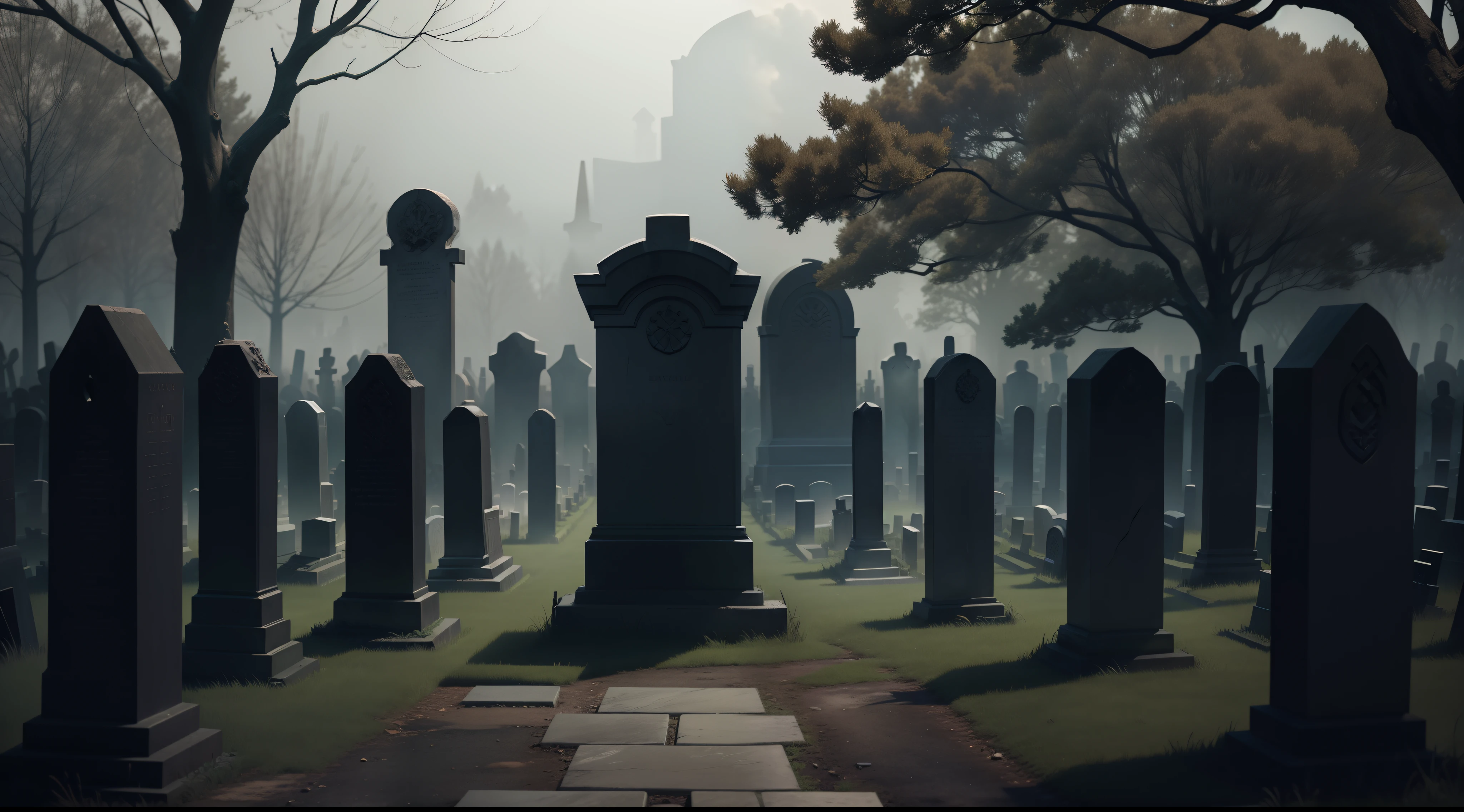 {A photorealistic depiction} of a graveyard, captured in a wallpaper-worthy composition. The scene showcases a haunting graveyard with tombstones, mausoleums, and a sense of tranquility mixed with eeriness. The art style should emphasize the realistic rendering of the graveyard's elements, textures, and atmosphere, creating a captivating and immersive scene. The camera angle captures the graveyard in a wide shot, highlighting the rows of tombstones and the overall ambiance. The lighting is dim and moody, creating an evocative and eerie atmosphere. The image's resolution should be 4K to showcase the intricate details of the graveyard and the captivating mood.
