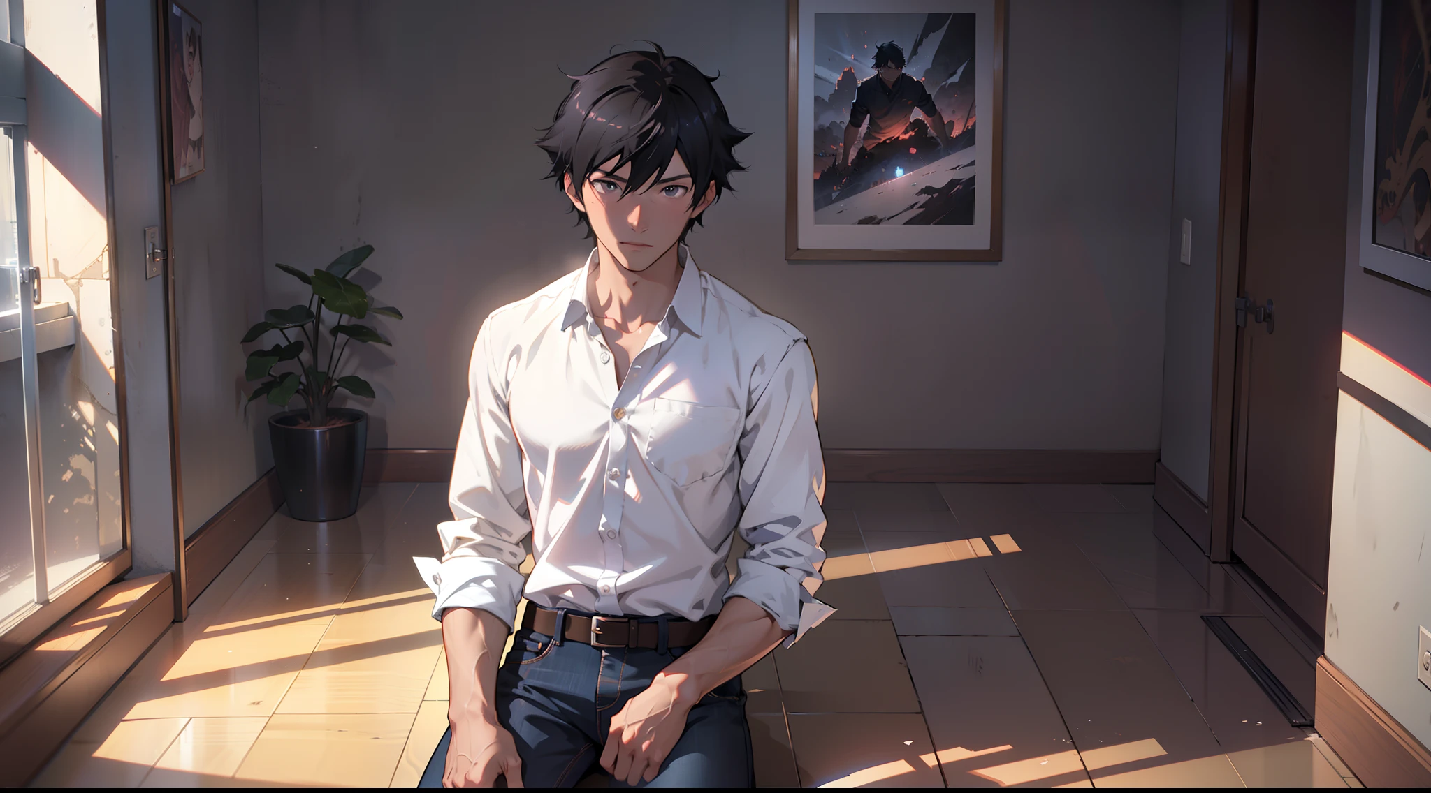 anime - style scene of a Beautyful Dark room, by makoto shinkai, anime art wallpaper 4k, anime art wallpaper 4 k, anime art wallpaper 8 k, anime wallpaper 4k, anime wallpaper 4 k, 4k anime wallpaper, amazing wallpaper, anime background, anime background art, young man, black hair, white shirt, black jeans, remembering his girlfriend, outstanding masterpiece.