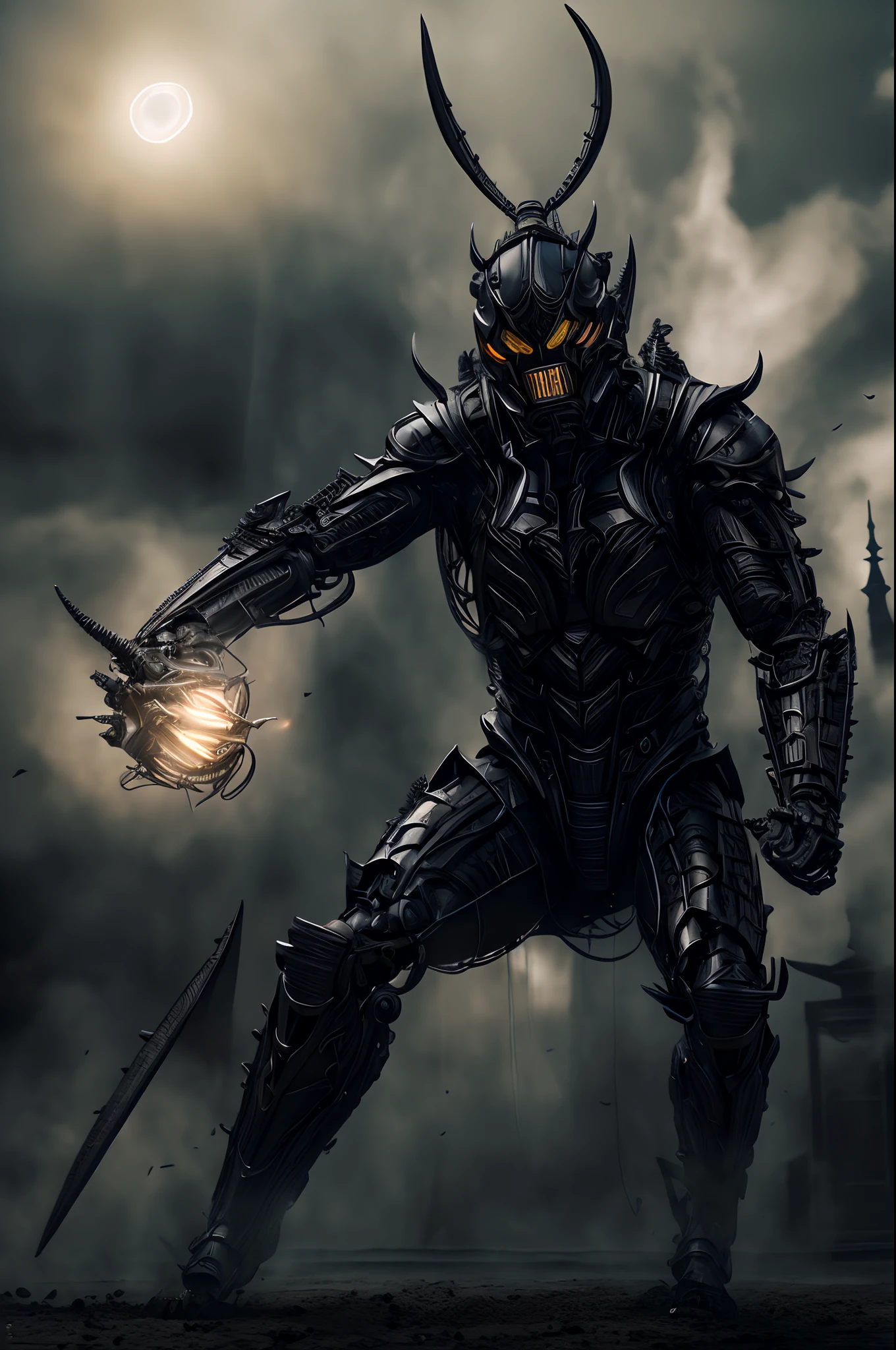 (photo realistic:1.4), (hyper realistic:1.4), (realistic:1.3), (smoother lighting:1.05), (increase cinematic lighting quality:0.9),Black Grasshopper Maskde Rider Black,Eyes glowing mechanically,mechanised modified human,claw,dynamic pose,((casting a magical aura)),cinematic