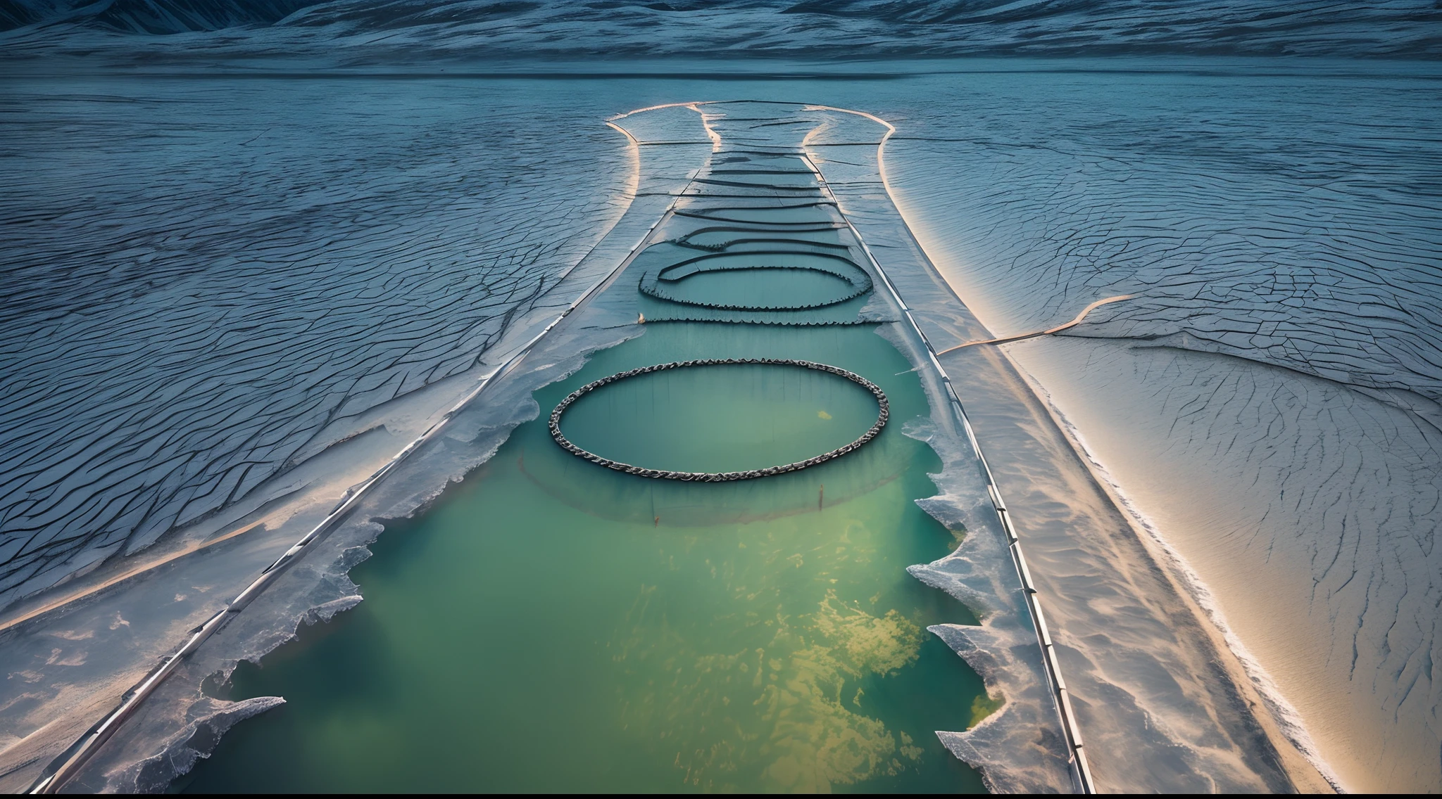 Hd wallpaper, glowing arcs and metalic light chains of  in frozen surface of the lake, top view photography in the style of cinematic poster and high clarity, in the style of game of thrones, unpleasant, horror, terrifying look, uhd, 8k resolution, balanced, high dynamic range color, strong highlight