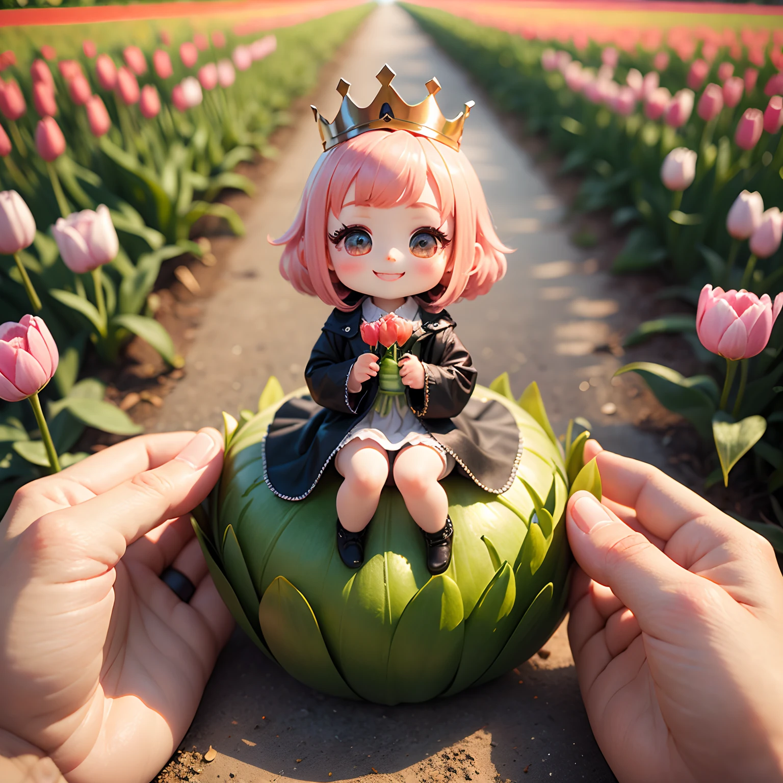 masterpiece、top-quality、ultra-detailliert、(Chibi Thumb Princess:1.2)、Sit on the red tulips、Open your mouth and smile、Colorful tulip fields、Dazzling morning light