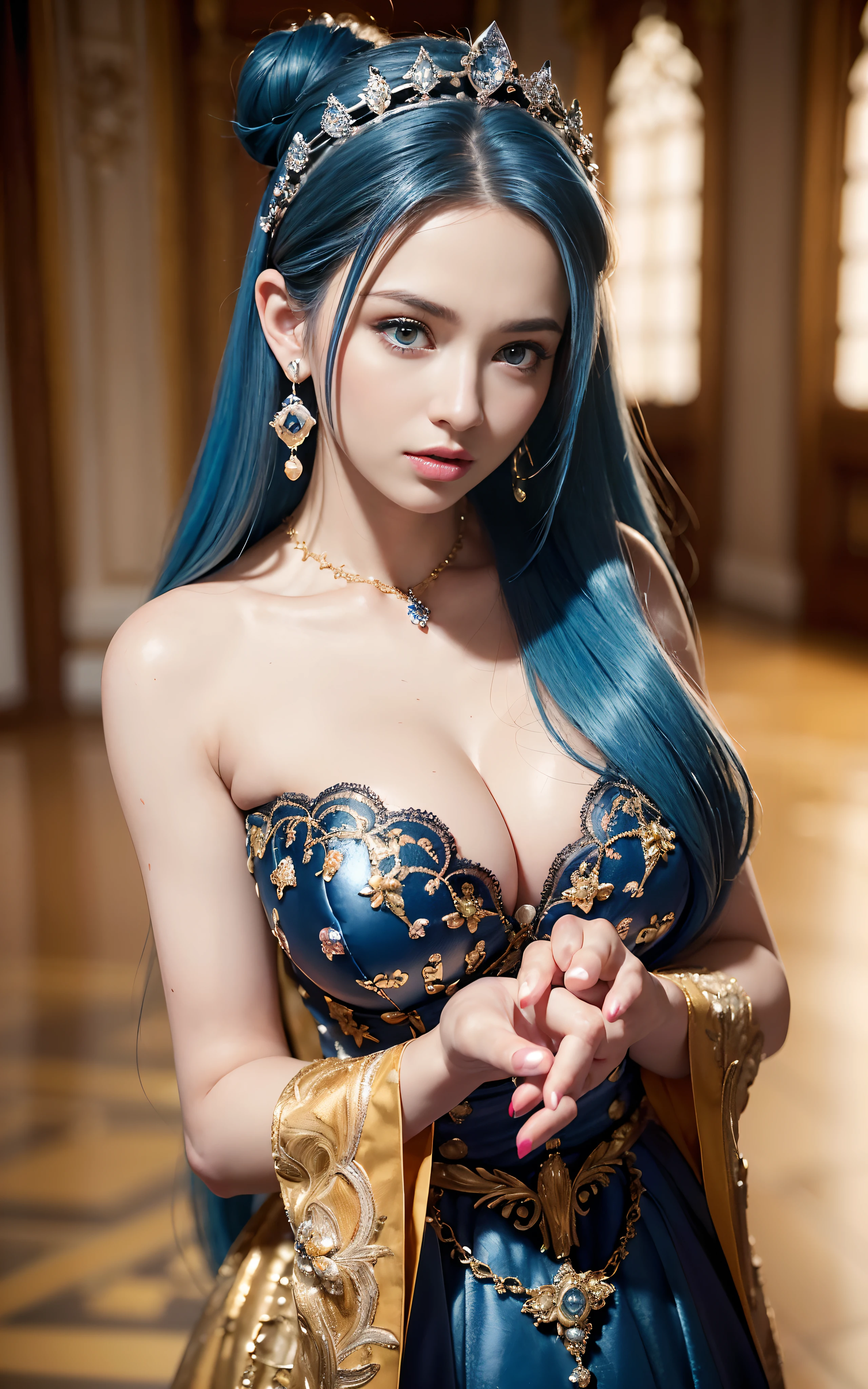 ((realisticity: 1.2)), ((realistic: 8K UHD)), ((best resolution: 8K UHD)), hyper detailed, best quality,masterpiece,highres,cg, ((1 girl hyper detailed and hyper realistic) ) , ((beautiful queen, hyper realistic and hyper detailed)),((white skin, beautiful, smooth, youthful, hyper realistic and hyper detailed )), ((Face hyper beautiful, white, hyper realistic and hyper detailed ) ), long hair, ((hyper realistic and hyper detailed dress)), solo, ((hyper realistic, hyper beautiful, beautiful and hyper detailed jewelry)), ((hyper beautiful deep red and golden yellow dress, hyper realistic and hyper detailed )) , ((Her pretty, hyper realistic, hyper detailed diamond filled earrings)), ((Her gorgeous diamond haircut, hyper realistic and hyper detailed)), ((hyper pretty upper body, hyper beautiful, hyper realistic and hyper detailed) ), ((medium breast: 1.1)), ((hyper realistic, hyper pretty, hyper detailed boobs)), ((the backgroun of the royal palace is hyper majestic, hyper realistic and hyper detailed)),((hands and palms hyper beautiful, hyper detailed, hyper realistic)), ((hyper detailed and hyper realistic fingers and fingernails)), ((hyper pretty fingernails, hyper vivid, hyper detailed, hyper realistic)), ((thumb, index finger, middle finger, ring finger, little finger hyper vivid, hyper pretty, hyper detailed, hyper realistic)), ((hyper beautiful fingers, hyper detailed, and hyper realistic)), ((posture not too fat and not too thin, hyper realistic, hyper detail)), ((hyper pretty, hyper pretty, hyper realistic and hyper detailed hair bun)), ((hyper pretty , hyper realistic and hyper detailed blue hair)), candid, Photo, high resolution, 8k , bokeh,