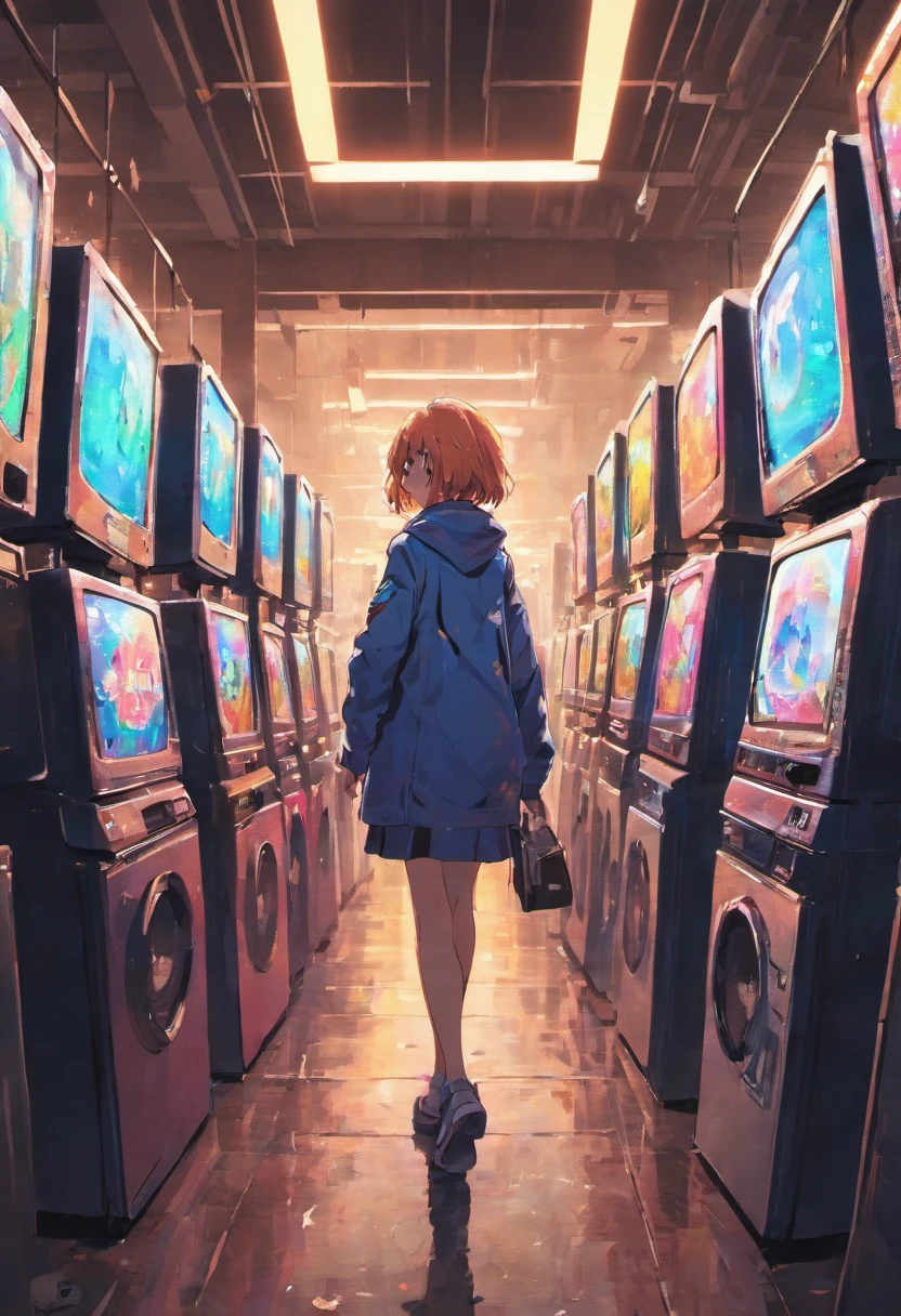 Person standing in front of a many retro box televisions with her back pointed towards the viewer there is trash bags and trash scattered around the museum the museum looks abandoned it’s a semi cyberpunk environment we’re the televisions are brightly lit displaying crypto punks