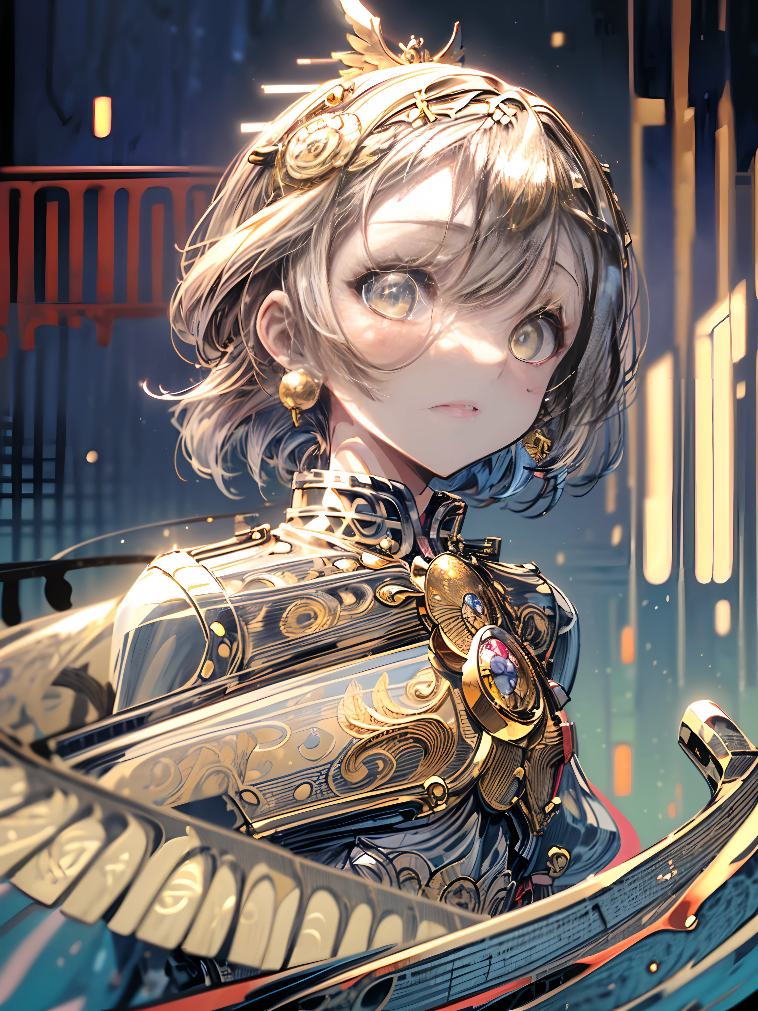(masutepiece:1.5, Intricate details:1.3), (Best Quality, Ultra-detailed:1.3), (big golden wings), ((masutepiece)), ((Best Quality)), (Ultra-detailed), ((Extremely detailed)), 4K, ((8K)), ((Best Quality)), (Beautiful), (Illustration), Painting, Dynamic Angle, look down from above, (Beautiful sky), evening, Golden Sun Shower, She shines,  s, 1girl in, (((Golden breastplate))),  (flat chest), Cute, solo0, ((beautiful gold hair)), beautiful gold eyes, ((Beautiful eyes)), White-skinned, Long hair, lightsmile, (Wind-effect), shiny, (Flying),Bakemonogatari, Upper body,
