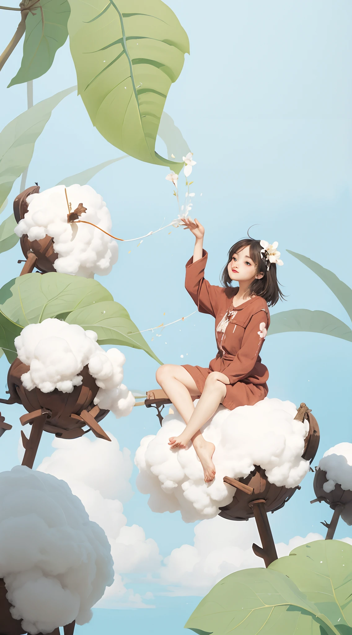 There was a girl sitting on a cotton flower, A lot of cotton opens on the side,A beautiful artwork illustration, lofi-girl, official fanart, Lofi art, in style of digital illustration, dreamlike illustration, Detailed fanart, painting illustration, Digital anime illustration, High-quality fanart, Soft anime illustration, sitting in a fluffy cloud, Colorful illustration, full color digital illustration
