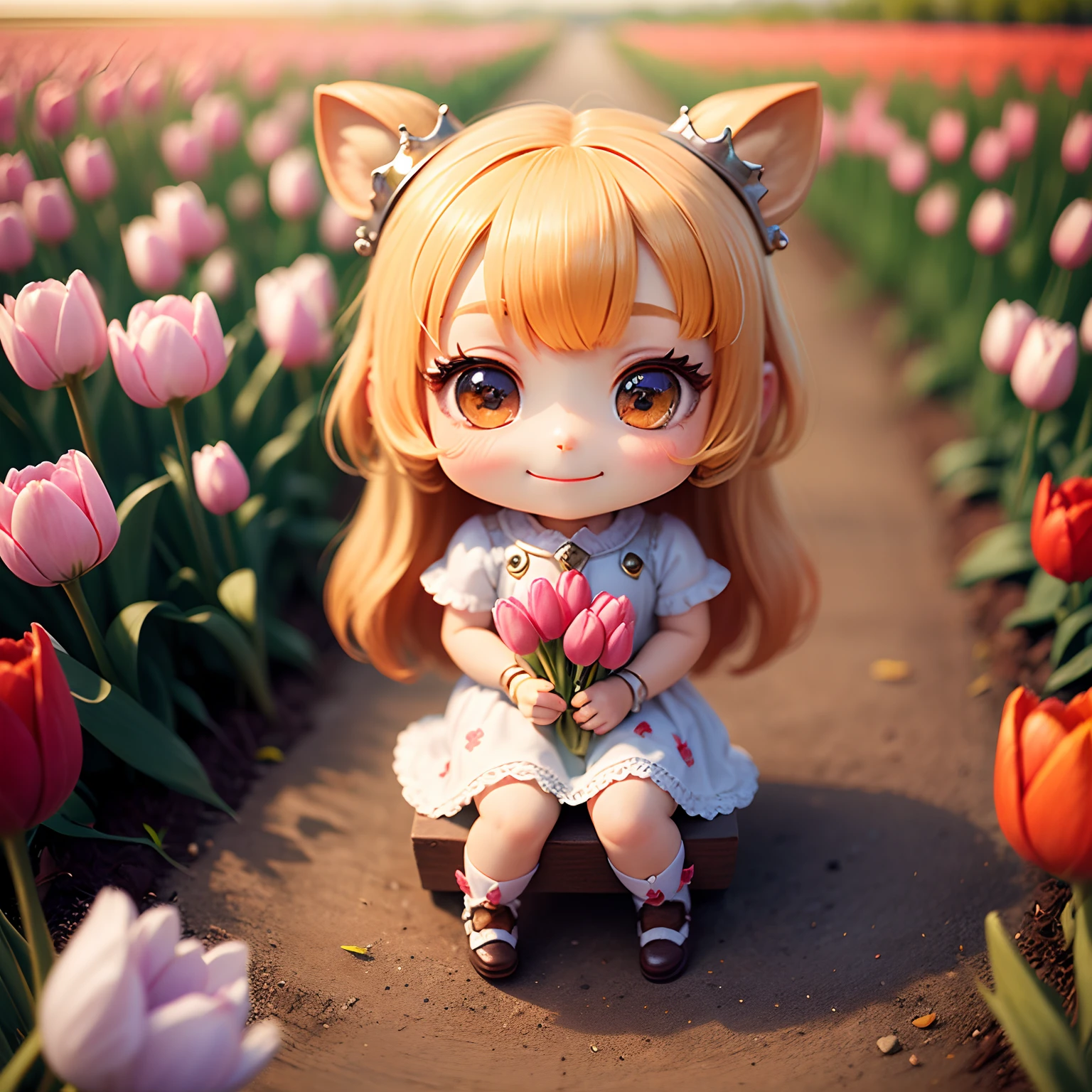 ​masterpiece、top-quality、ultra-detailliert、(Chibi Thumb Princess:1.2)、Sit on red tulips、Open your mouth and smile、Colorful tulip fields、Dazzling morning light