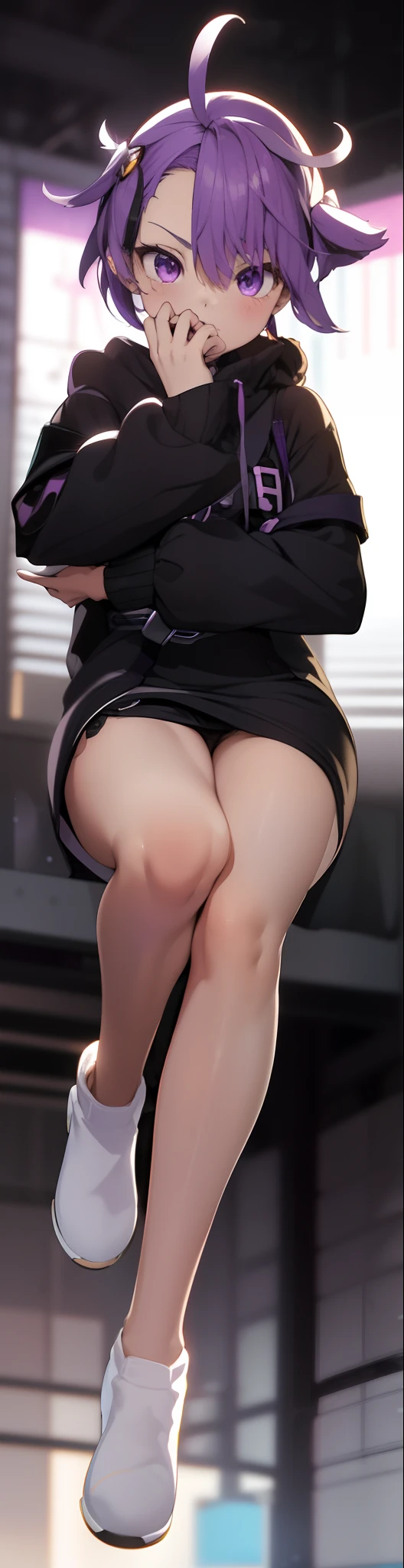 Anime girl with purple hair sitting on white surface, large thighs, full body portrait of a short!, Chic, Bare thighs, legs showing, small curvy , full-body close-up shot, thighs thighs thighs thighs!!!, Normal legs, anime girl wearing a black dress, giantess art, Bare thighs!!!, thigh closeup, holding a pudica pose