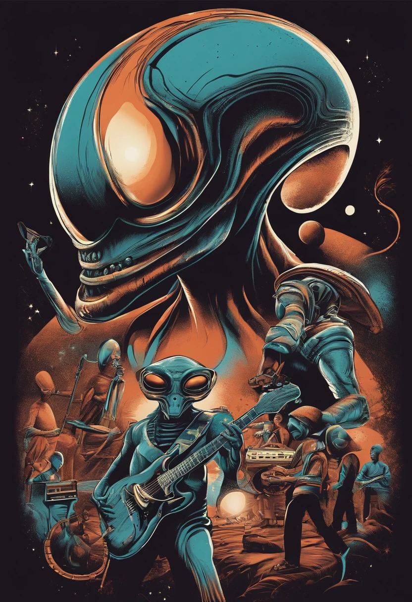 vector design, t shirt design,Alien Playing Band, only flat white background