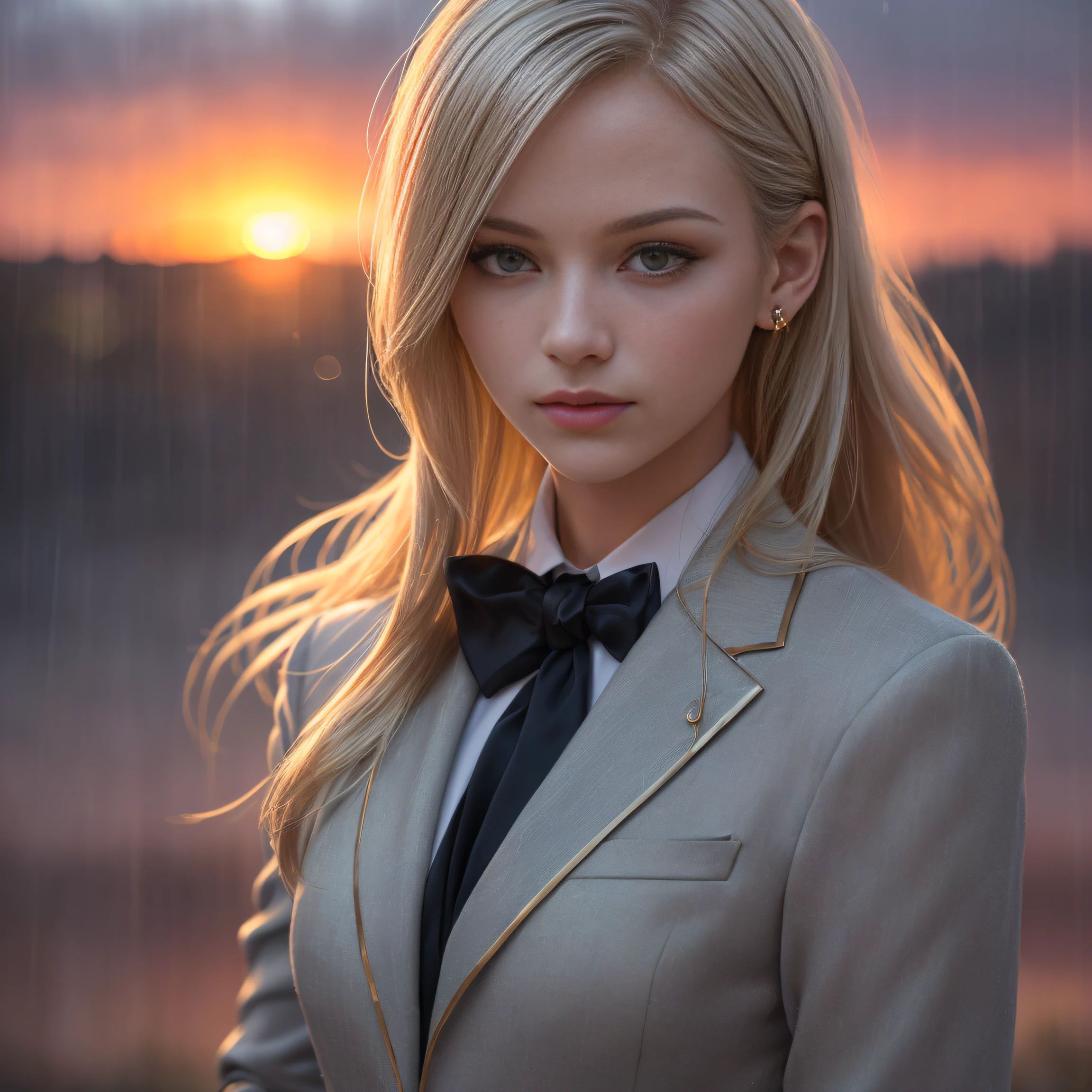 (masterpiece, highest quality, perfect details:1.4), solo, half body, (girl in suit:1.8, gray suit, beautiful face, long hair, gold hair:0.8, black tie, hair luminescence:1.7, (realistic hair:1.2), very intricate, (light diffusion:1.2), (dynamic posing:1.2), (light bokeh, sunset:0.9, soft smoke, rainy:1.2)