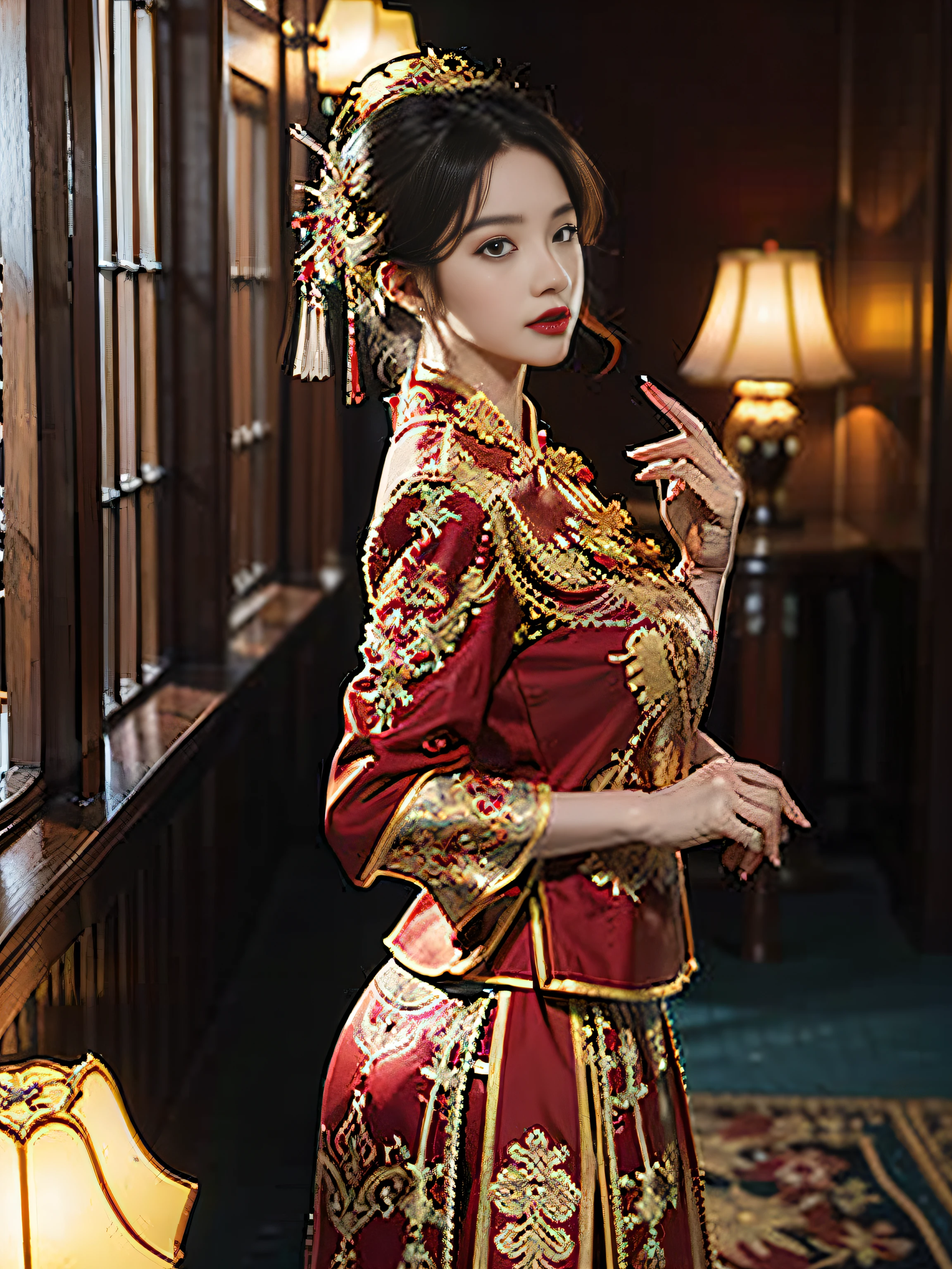 （RAW photos，4K，tmasterpiece，offcial art，统一 8k 壁纸，A high resolution，realisticlying，extremly intricate）Artistically refined，attractive beautiful，immersiveatmosphere，Moody light，enchanting glow，Glowing lights，Amazing aesthetics，dramatic contrast，dynamic angle，Official fine art，Aesthetic and aesthetic，extremely detailed background，Fantasy art，BEST lighting，Dinamic Light，Best shadow，depth of fields，romanticism lain，Fantastic atmosphere，calm color palette，Tranquility，Soft shadows，Traditional principles，Epic composition，（Enchanting aura： 1.1) (Cowboy shot)(Close up)(From the side Side:1.3)（a chinese wedding）（耳Nipple Ring）（Gorgeous jewelry） (rim lit:1.3), (Dimly lit:1.3), (Dark night:1.3), High contrast, Deep shadows, 1girll,Wearing a red and gold dress，Phoenix crown，Solo,Style glass photo,(Bigchest,a narrow waist，Cocked buttocks:1.2),(Bright red lips:1.1)（Traditional Chinese red cheongsam：1.2）（wear like a chinese bride），brunette color hair:1.6，Dark eyes:1.5，Correct anatomy，5 fingers，Cinema lenses，