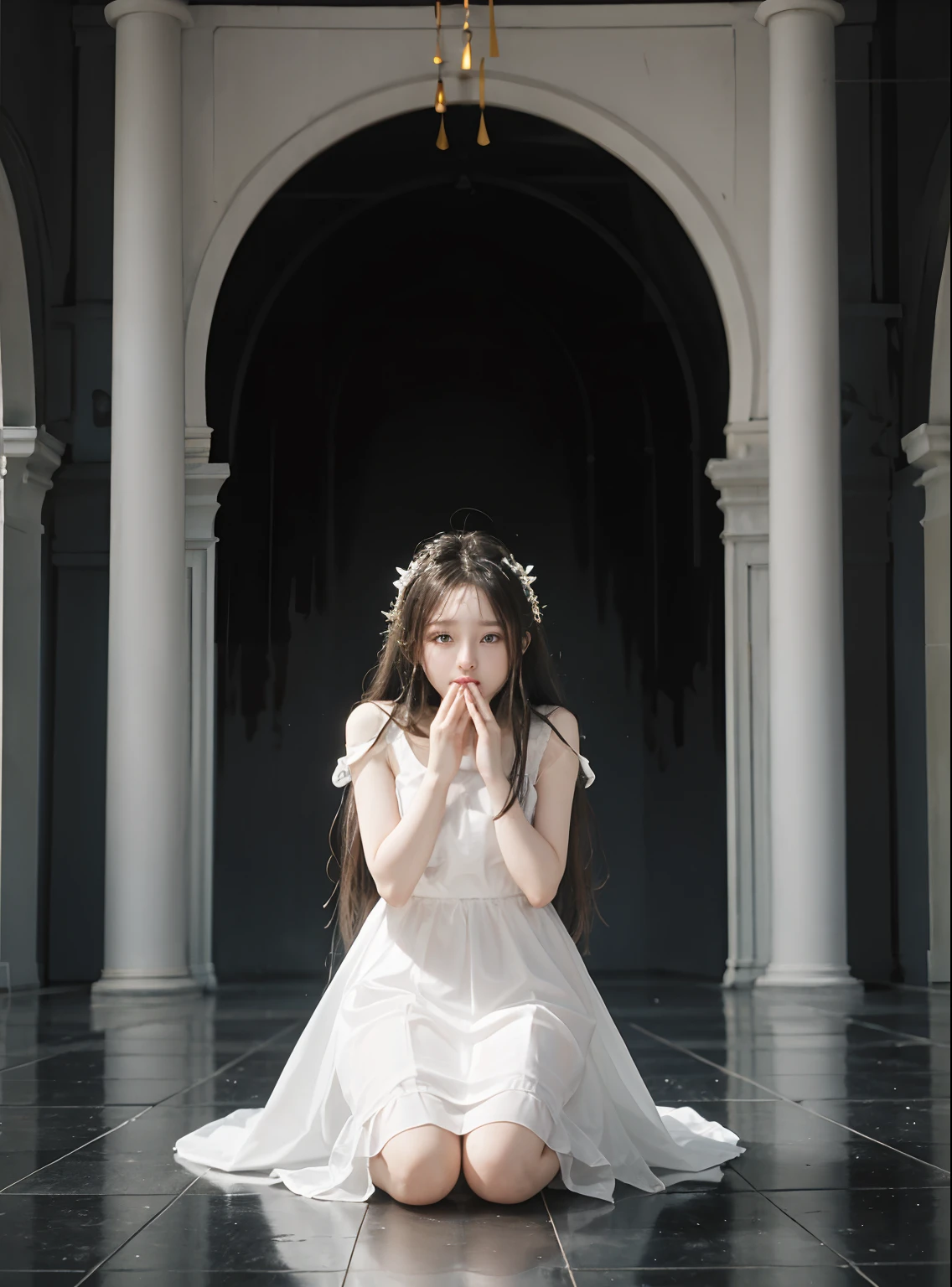 On a blank stage,Kneeling is a woman with long hair in a white dress,There are strong lights all around,She lowered her head and covered her mouth and cried
