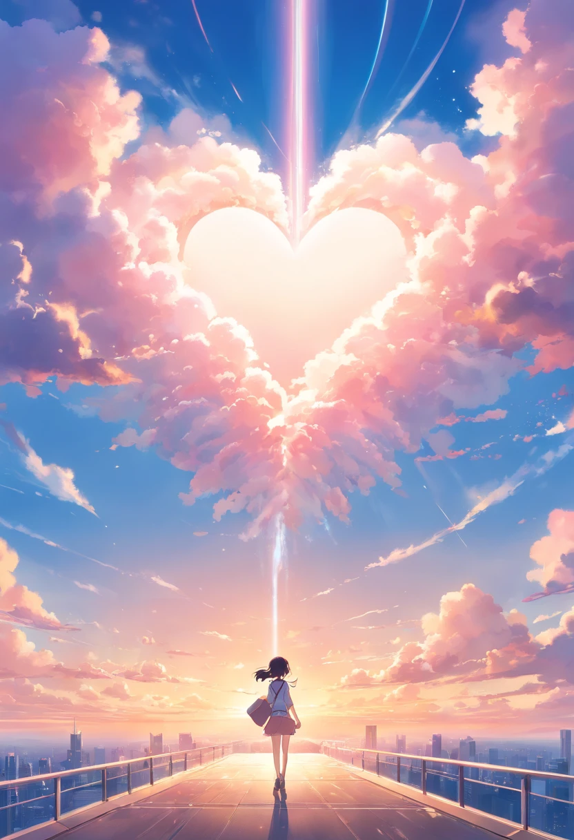 tmasterpiece,Clouds,humongous large breast,Heart shape,Marshmallow properties,White pink tone,Above the whole,high-definition photography,blue-sky,Blue,light wind,illustration,Clean and bright,Planes,Huge small,Sweep across the sky from the bottom up,Bright light