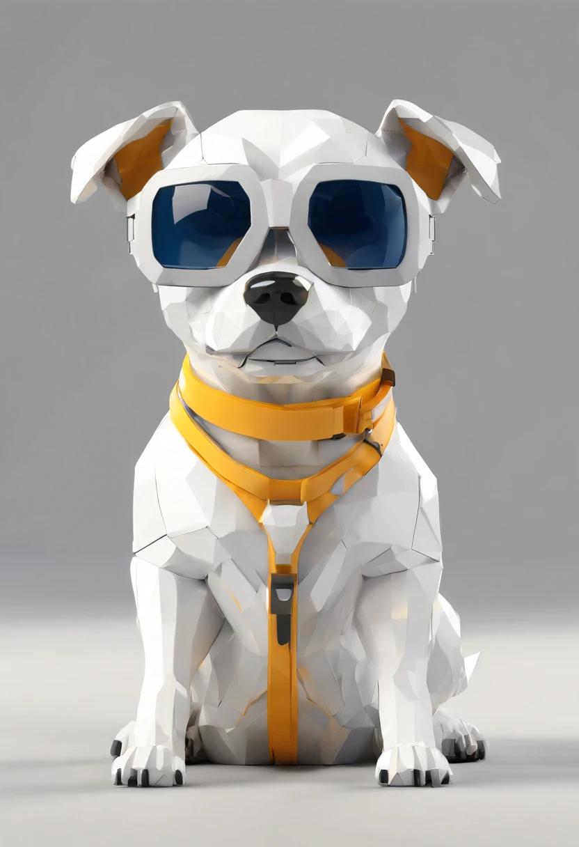 (a dog using futuristic glasses as a mascot for digital agency company floating in the air), technology, simple shading, low-poly render, front view, white-yellow-navy-grey color, white background