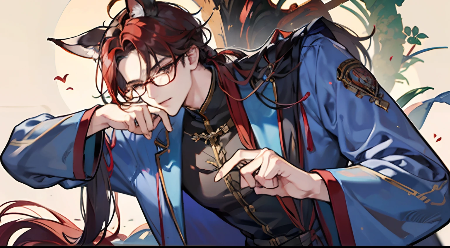 tmasterpiece，Need，A man，China-style，Chinese Ancient Times，brunette color hair，dishiveredhair，long whitr hair，with long bangs，Handsome，virile，gentleness，large tall，A tranquil，long blue robes，exteriors，cloaks，High hills，nevando， Young men，Quaint，tmasterpiece，Need，Leprechaun，red fox，Animal ears，Horns of animals，Handsome guy，brunette，Long hair，Hair is scattered，Dark Hanfu，There are glasses on the face，Cool handsome
