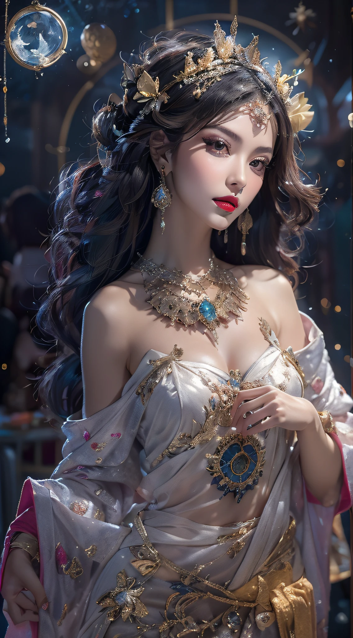 (masterpiece:1,2), best quality, masterpiece, highres, original, extremely detailed wallpaper, perfect lighting, (extremely detailed CG:1.2), jewelry, blurry_background, depth_of_field, breasts, earrings, necklace, annade, dress, bare_shoulders, cleavage, upper_body, <lora:Anna_Vo1:1>