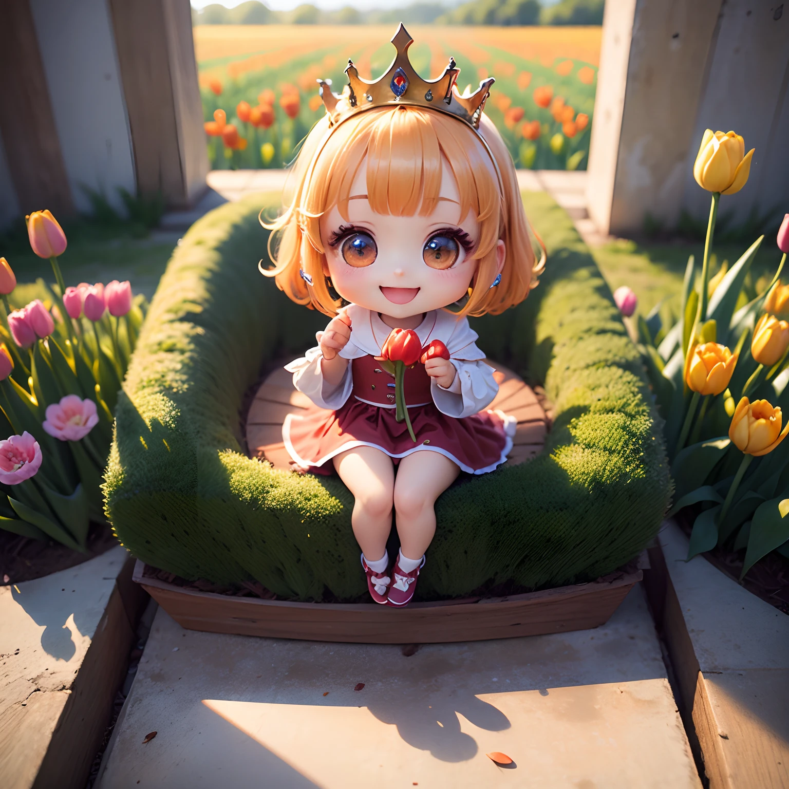 masterpiece、top-quality、ultra-detailliert、(Chibi Thumb Princess:1.2)、Sit on red tulip flowers、Open your mouth and smile、Colorful tulip fields、Dazzling morning light