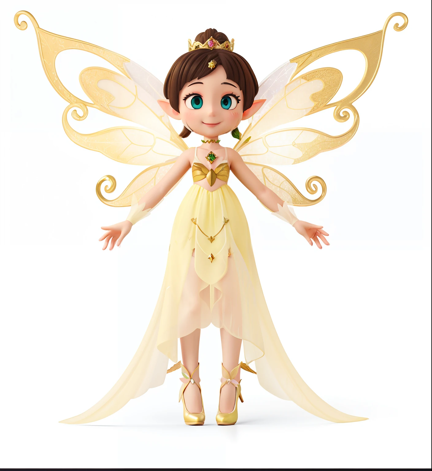 Cartoon fairy with yellow dress and wings flying in the air, stunning 3d render of a fairy, beautiful adult fairy, Beautiful fairy, portrait of fairy, beautiful adult fairy queen, pixie character, Fairy, brunette elf with fairy wings, beautiful and elegant elf queen, portrait of fairy princess, brunette fairy woman, smiling as a queen of fairies, beautiful fairie