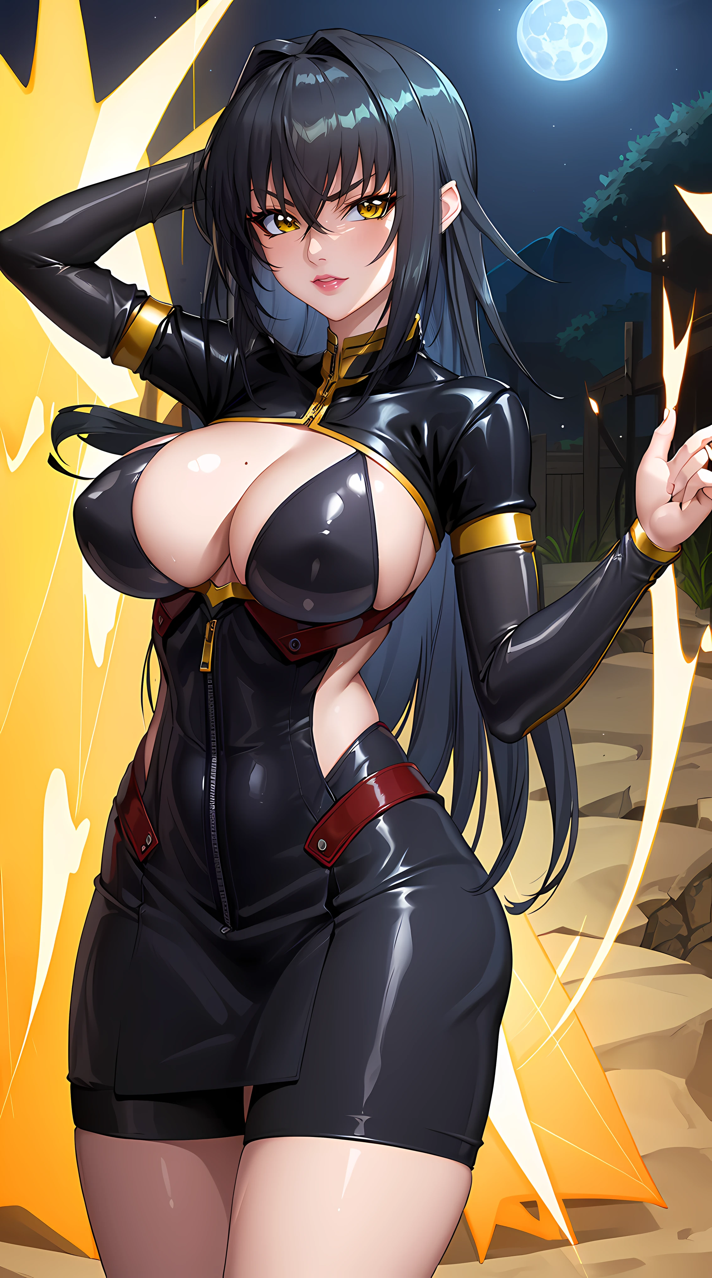 (masterpiece:1.4),(best quality:1.4, highres), beautiful face, beautiful eyes, 1girl, solo, female mature, black hair, long hair, (yellow eyes:1.4), large breasts, black bodysuit latex, ((at jungle midnight, moonlight shining the character, glowing eyes)), hair intakes, exquisite eyes detail, exquisite face details, exquisite character design details 8k HDR, professional art, landscape, (solo:1.5, 1girl:1.4, cowboy shot:1.5), milf, 35 years old girl, (looking at viewer, smug), Annerose