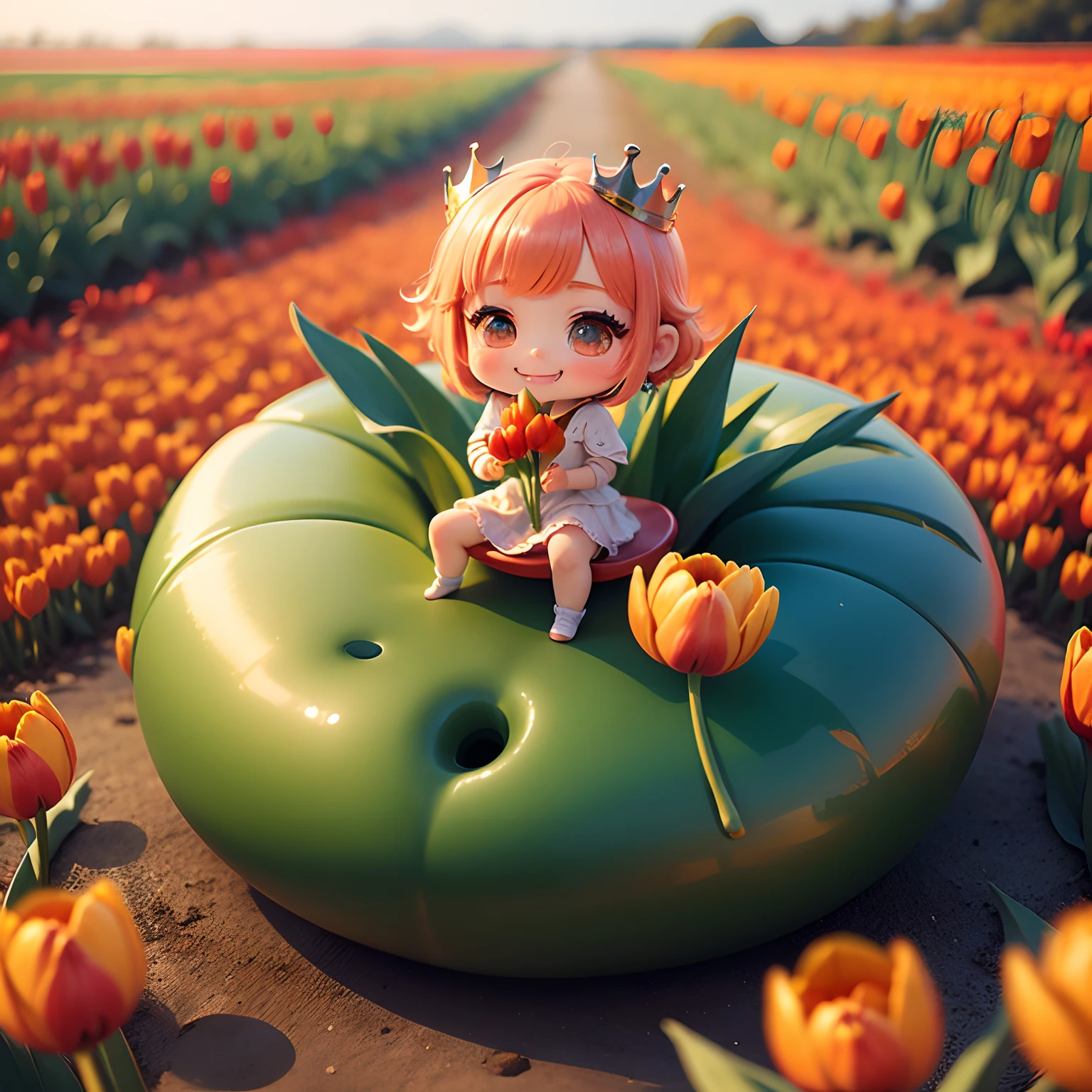 ​masterpiece、top-quality、ultra-detailliert、(Chibi Thumb Princess:1.2)、(Sit on red tulip flowers:1.3)、Open your mouth and smile、Colorful tulip fields、Dazzling morning light