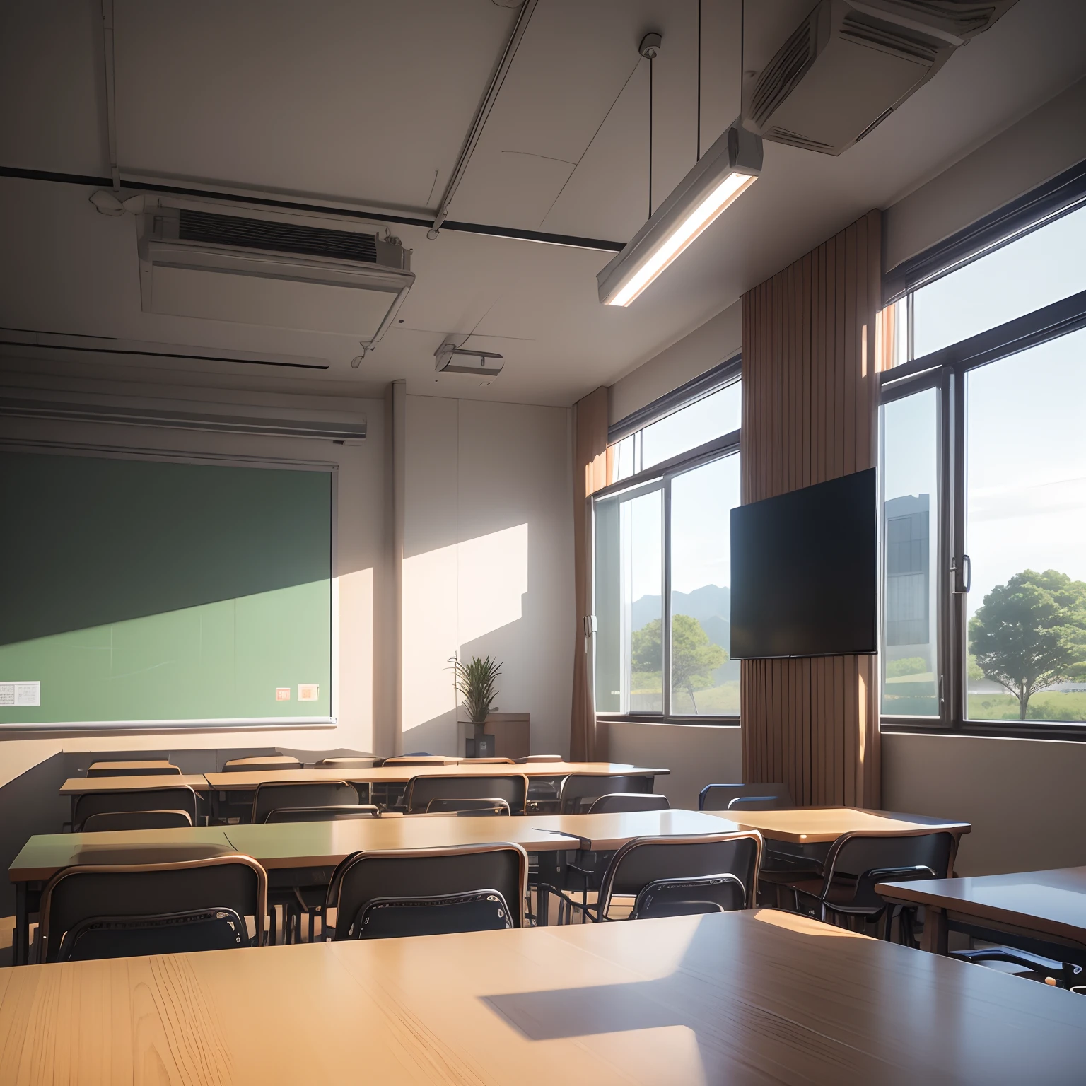 Landscape。Inside an unmanned classroom。early evening。