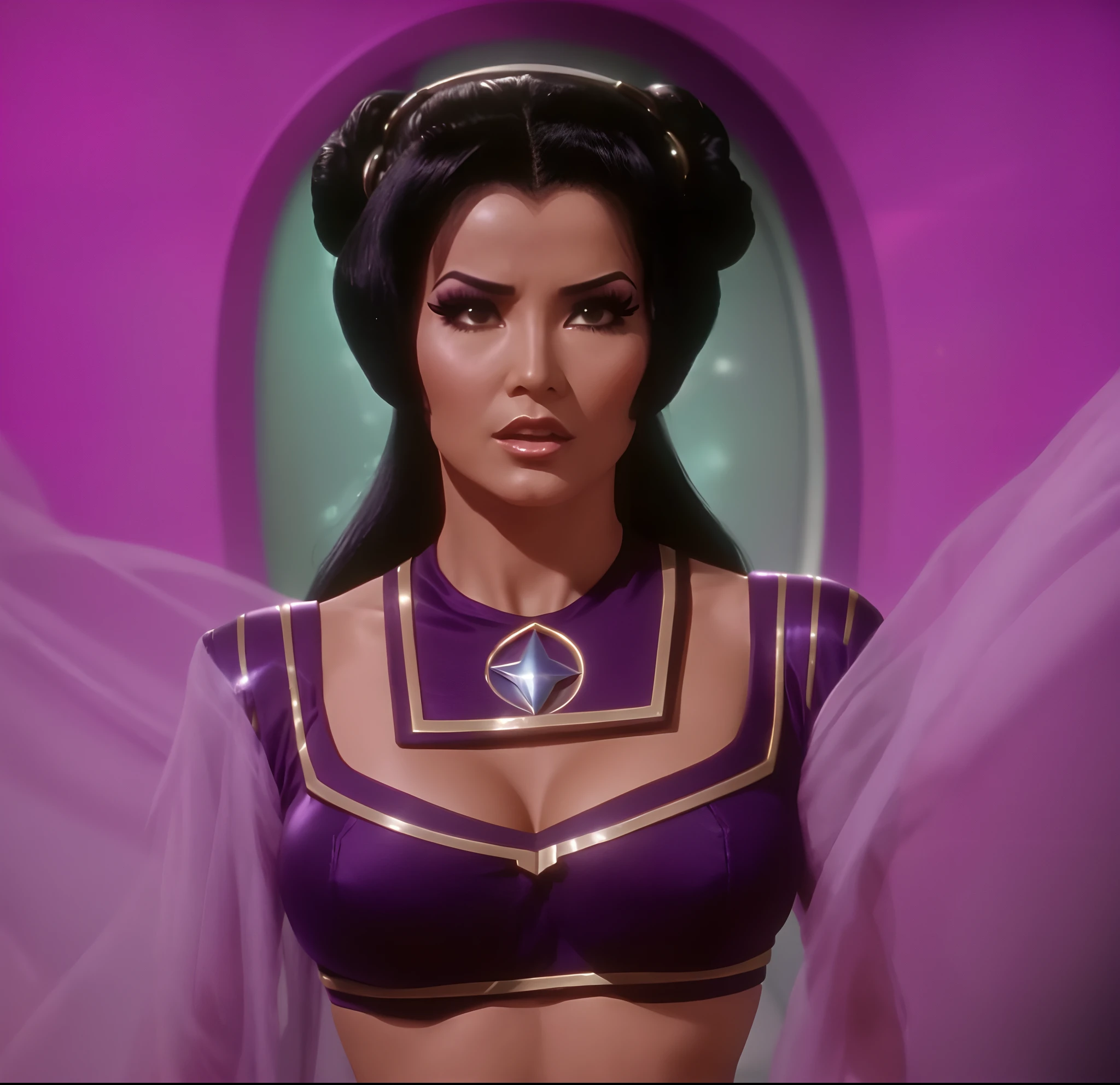 Bodacious curvaceous White Oriental woman, wearing bright heavy purple & neon green makeup & elaborately coiffed black hair with side rolls, with 100% anatomically correct fingers & hands, in star trek the original series, in star trek original series episode "That Which Survives", from star trek, film still from star trek, star trek gorgeous Oriental woman, in alien genie outfit, still from star trek, in alien space genie bikini outfit, as a seductive sultry star trek woman, as beautiful star trek alien woman Losira, in a 2-piece alien space bikini genie harem outfit.