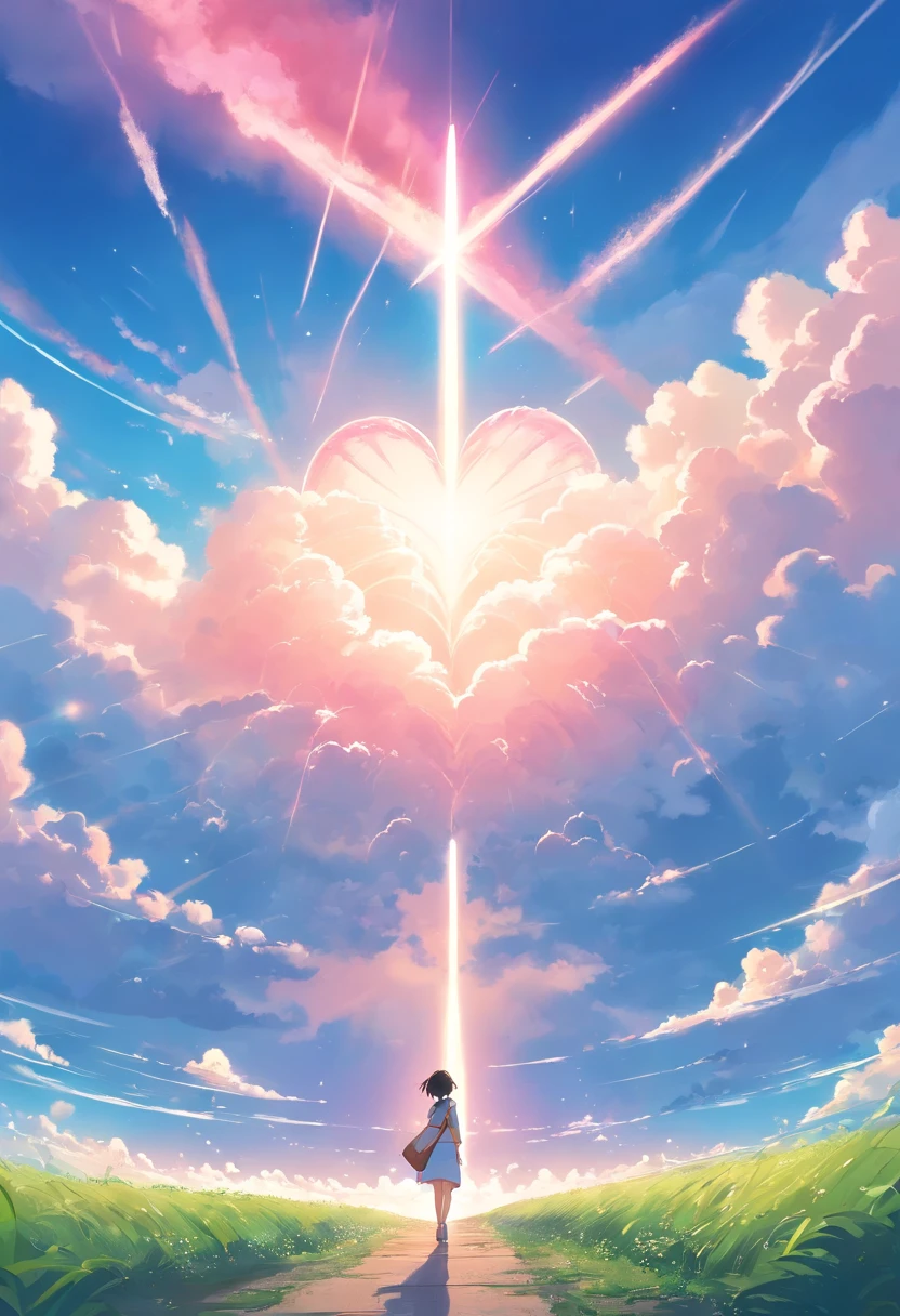 tmasterpiece,Clouds,humongous large breast,Heart shape,Marshmallow properties,White pink tone,Above the whole,high-definition photography,blue-sky,Blue,light wind,illustration,Clean and bright,Planes,Huge small,Sweep across the sky from the bottom up,Bright light