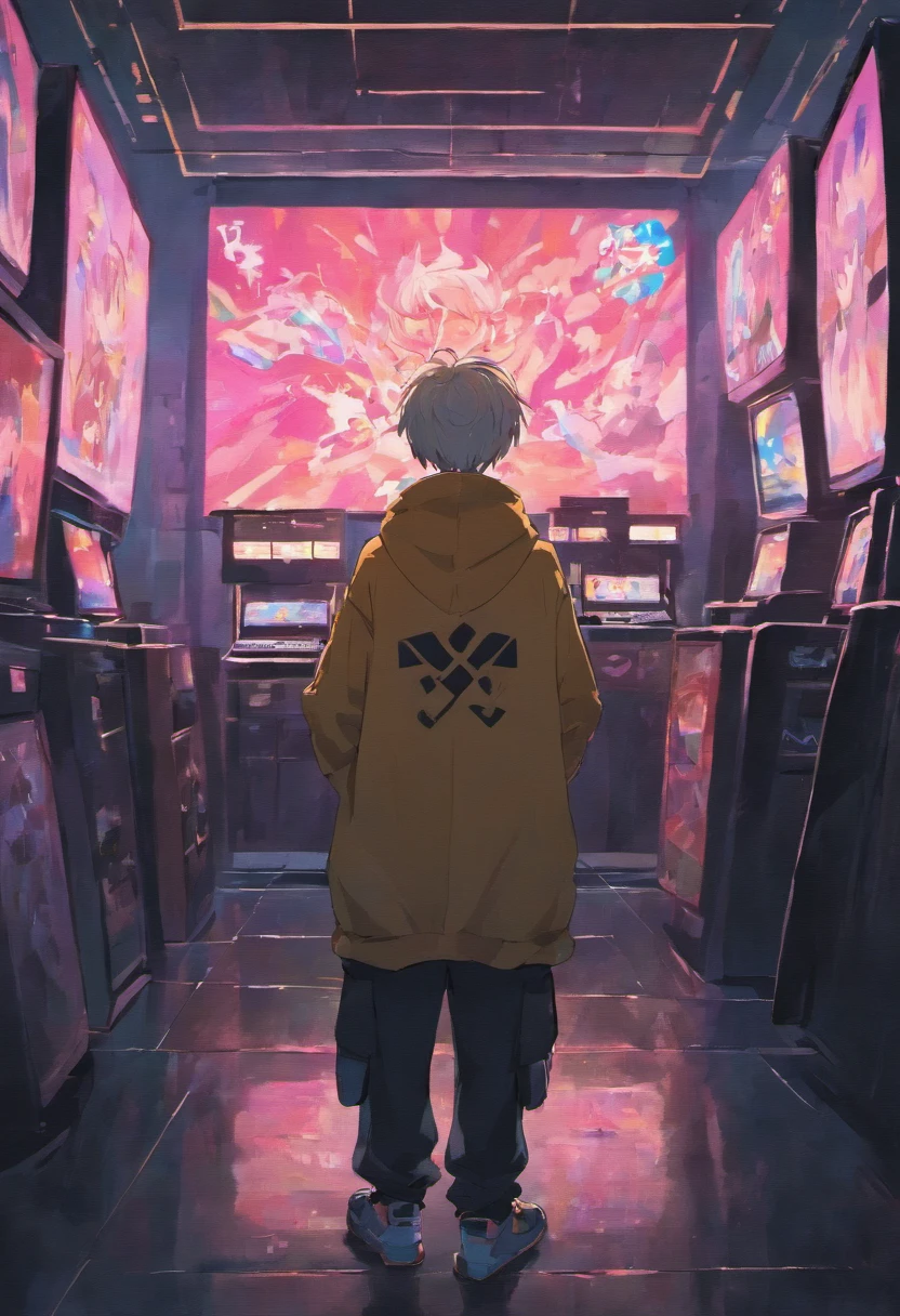 Male wearing hoodie over his head starring at a huge television screen inside a museum there’s trash bags and trash scattered around the museum it takes place in a cyberpunk environment the television is brightly lit with a blank image projecting nothing oil pastel painting