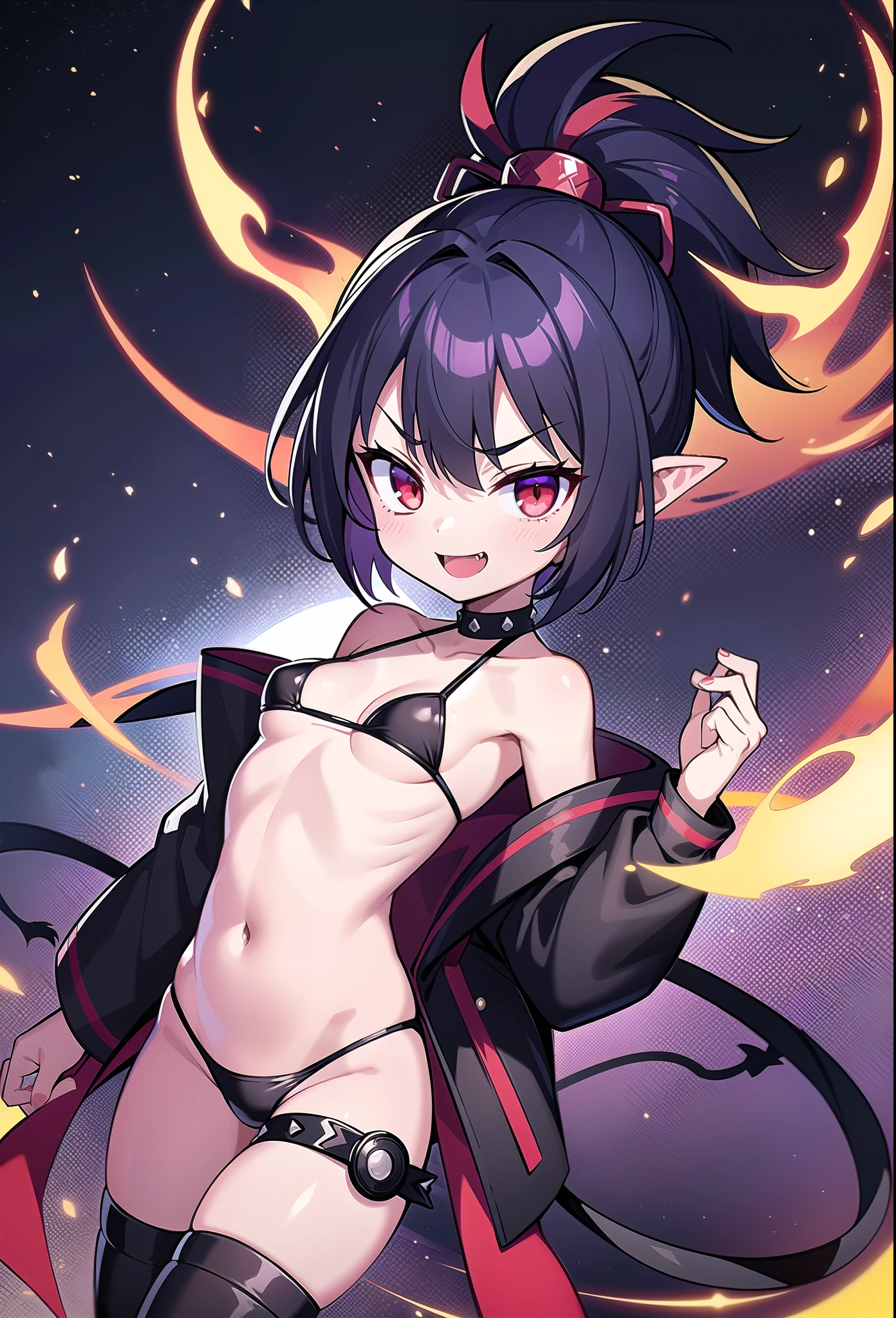 1 girl, light skin, small breasts, black spiky hair, oni horns, red eyes, small spiky ponytail, emo bangs, blue kimono, open clothes, black bikini, goggles, flip flops, japanese temple, night sky, moon, high quality, skinny, masterpiece, detailed body, detailed face, detailed eyes, glistering body, shiny body, full body, :), flip flops, fangs