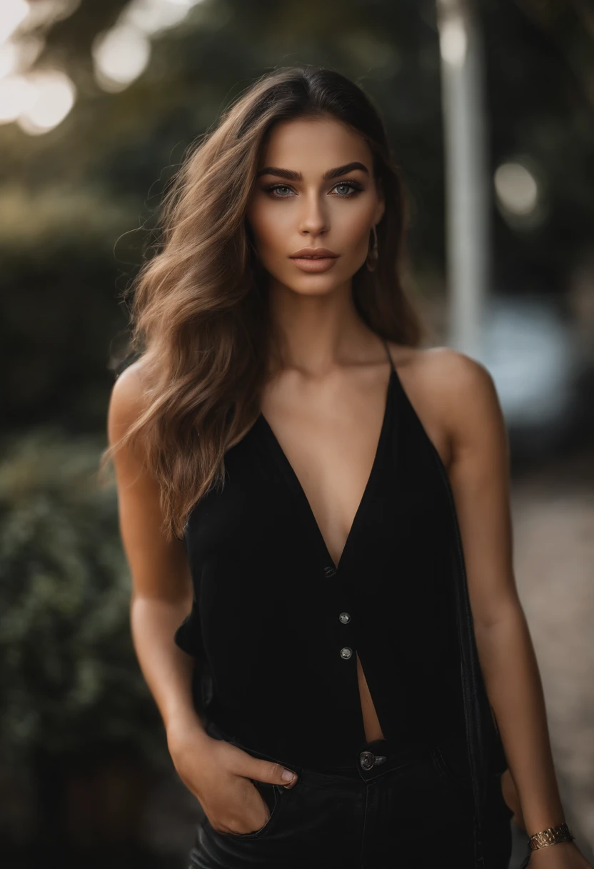 An amazing portrait of a beautiful brunette woman in dark dress, dark brown eyes, dark hair, straight hair, ponytail, great facial feature, perfect eyes, ultra realistic eyes, perfect face, perfect body, cinematic, color analog film photo, intimate posing, realistic hair, ((Perfect Face)), ((Sexy Face)), full shot of a sexy beautiful girl, Photograph, photorealistic, Evocative Pose, ((cute)), sexy pose, (Looking at Viewer), artgerm, cinematic lighting, very high detailed, foggy background, shot on Fujifilm Superia 400, Short Light, 32k, cinematic composition, professional color grading, film grain, atmosphere, wondrous, very stormy . faded film, desaturated, 35mm photo, grainy, vignette, vintage, Kodachrome, Lomography, stained, highly detailed, found footage , film grain, photography, photoshoot, cinematic lighting, volumetric lighting, insanely detailed, hot, sexy, very seductive, super model, (photorealistic:1.3), (highest quality:1.3), (film grain:1.3), ( world's best photography:1.rofessional Photo:1.3), (detailed details:1.3), (cinematic light:1.3), ( cinematic color:1.3), maximum depth of field, film photography, ( intricate details:1), (hyperdetailed:1), (((SFW))), ((forward facing)), natural breasts, sexy clothes, beautiful lips, light skin