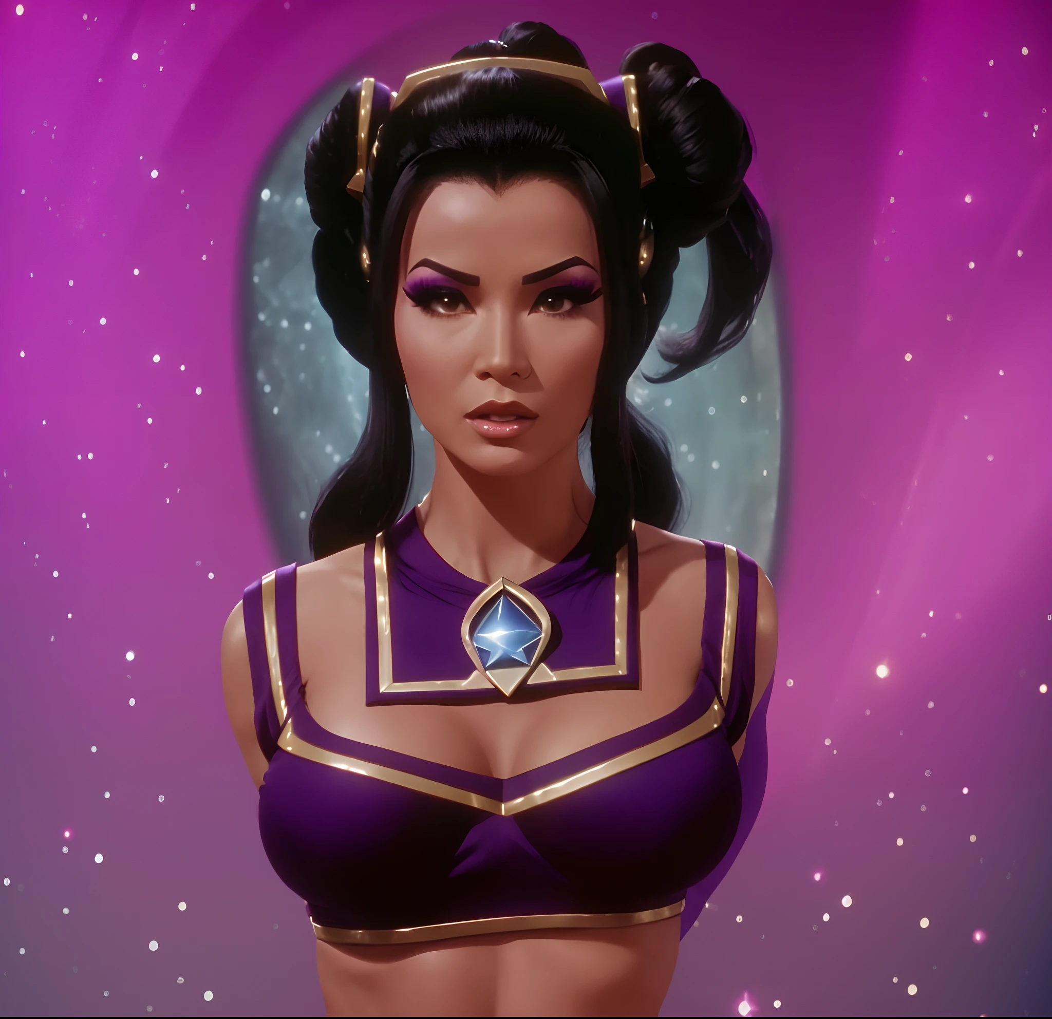 Bodacious curvaceous White Oriental woman, wearing bright heavy purple & neon green makeup & elaborately coiffed black hair with side rolls, with 100% anatomically correct fingers & hands, in star trek the original series, in star trek original series episode "That Which Survives", from star trek, film still from star trek, star trek gorgeous Oriental woman, in alien genie outfit, still from star trek, in alien space genie bikini outfit, as a seductive sultry star trek woman, as beautiful star trek alien woman Losira, in a 2-piece alien space bikini genie harem outfit.