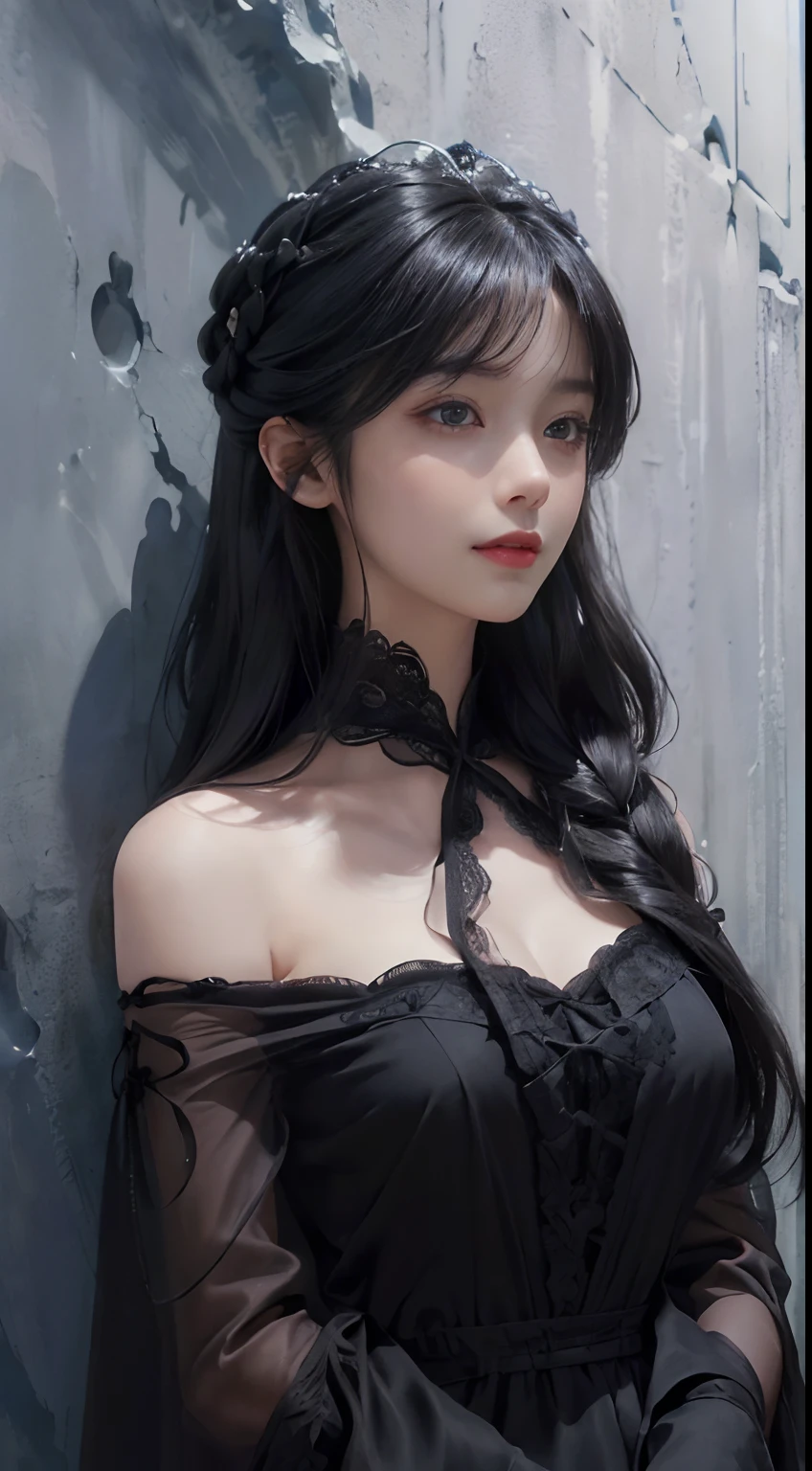 (A hyper-realistic)、(illustratio)、(hight resolution)、(8K)、(ighly detailed)、(Best Illustration)、(beautifully detailed eyes)、(top-quality)、(ultra-detailliert)、(masterpiece)、(wall-paper)、(A detailed face)、独奏、1 girl in、looking at viewert、fine detailed、A detailed face、in the darkness nigth、deep-shadows、lowkey、pureerosfaceace_v1、A smile、long、Black shawl straight hair、46-point diagonal bangs, (silk dresses、long skirt)(off shoulders)View of the castle、、Stand against the wall,jellyfish hairstyle,black hair,hairstyle like jellyfish